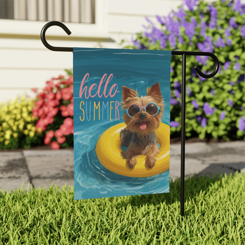 Hello Summer Yorkshire Terrier Garden Flag - close-up detail - Dragonfire Gardens