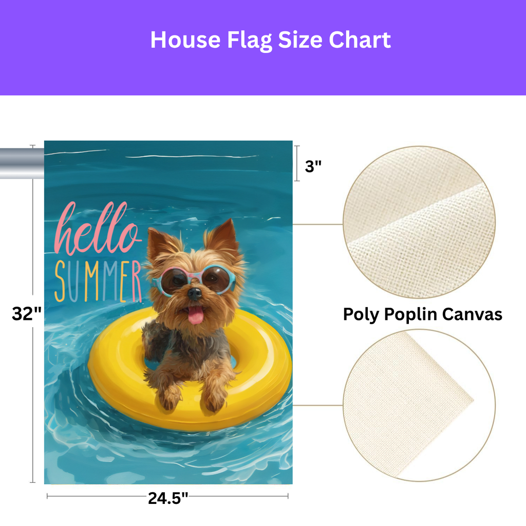 Hello Summer Yorkshire Terrier Garden Flag - size comparison - Dragonfire Gardens