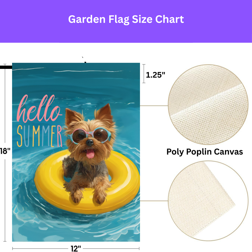Hello Summer Yorkshire Terrier Garden Flag - double-sided design - Dragonfire Gardens