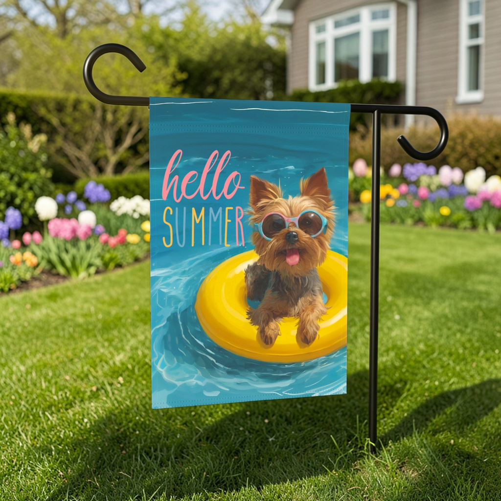 Hello Summer Yorkshire Terrier Garden Flag - outdoor display - Dragonfire Gardens