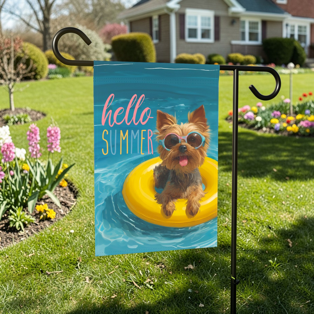 Hello Summer Yorkshire Terrier Garden Flag - lifestyle display - Dragonfire Gardens