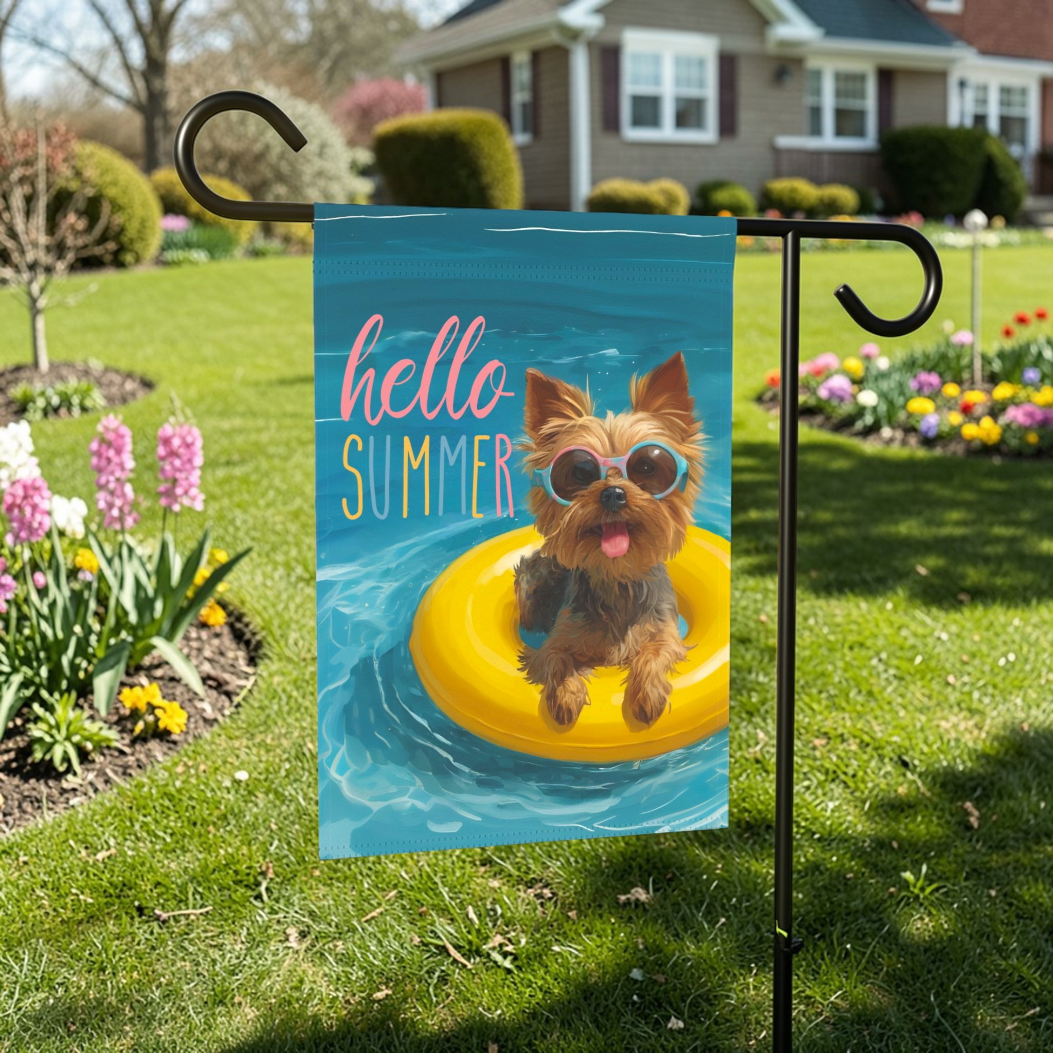 Hello Summer Yorkshire Terrier Garden Flag - lifestyle display - Dragonfire Gardens