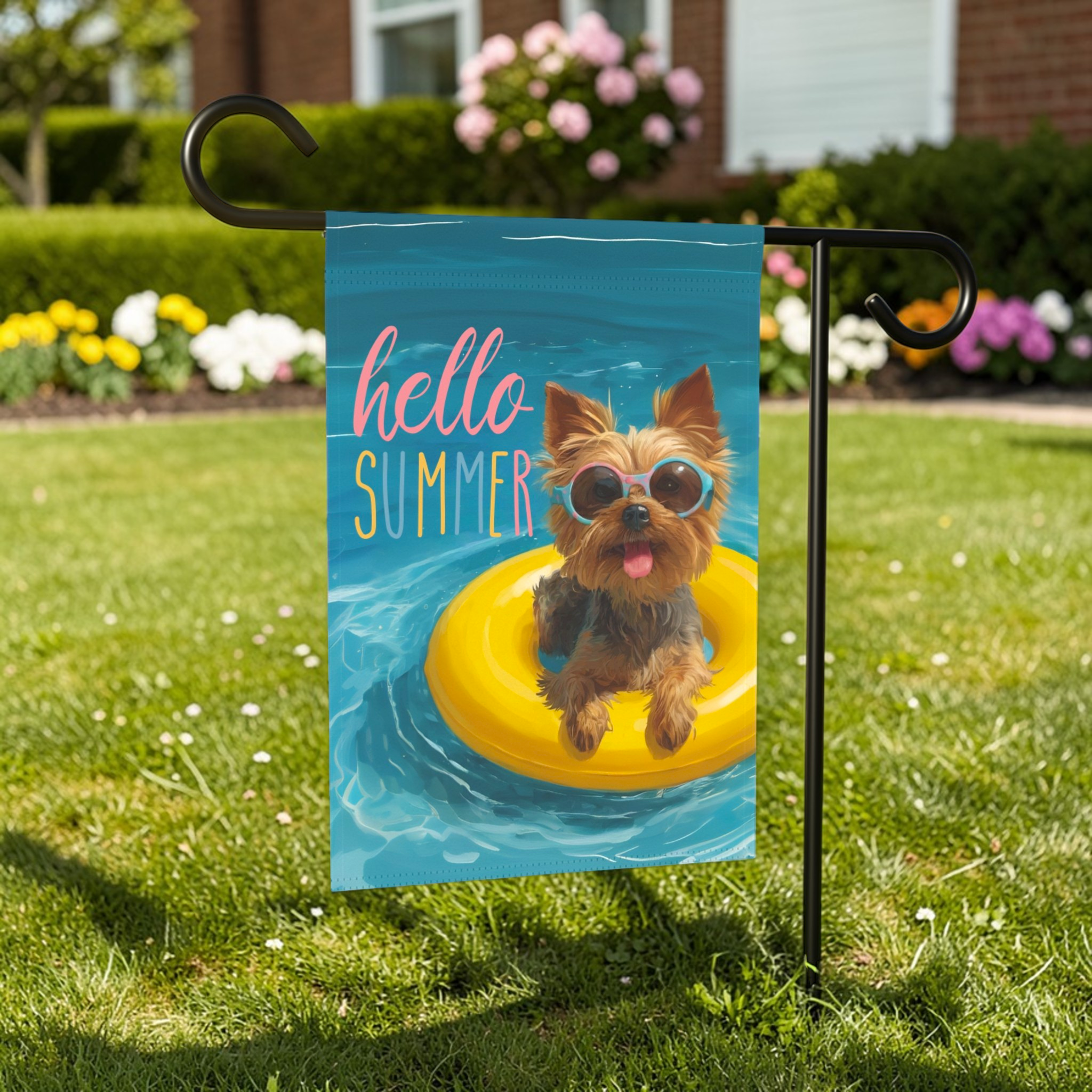 Hello Summer Yorkshire Terrier Garden Flag - front view - Dragonfire Gardens