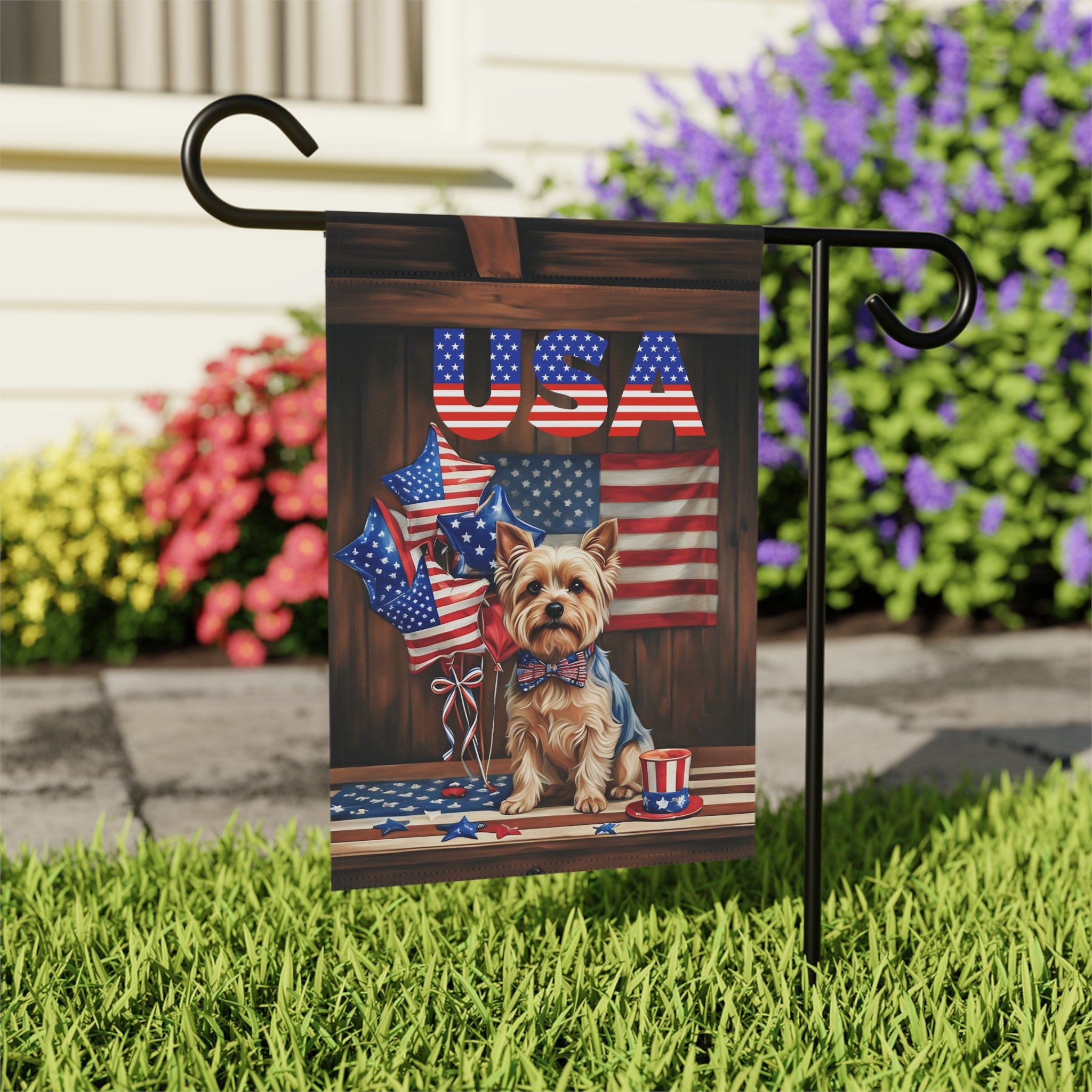 USA Patriotic Yorkshire Terrier Garden Flag - close-up detail - Dragonfire Gardens