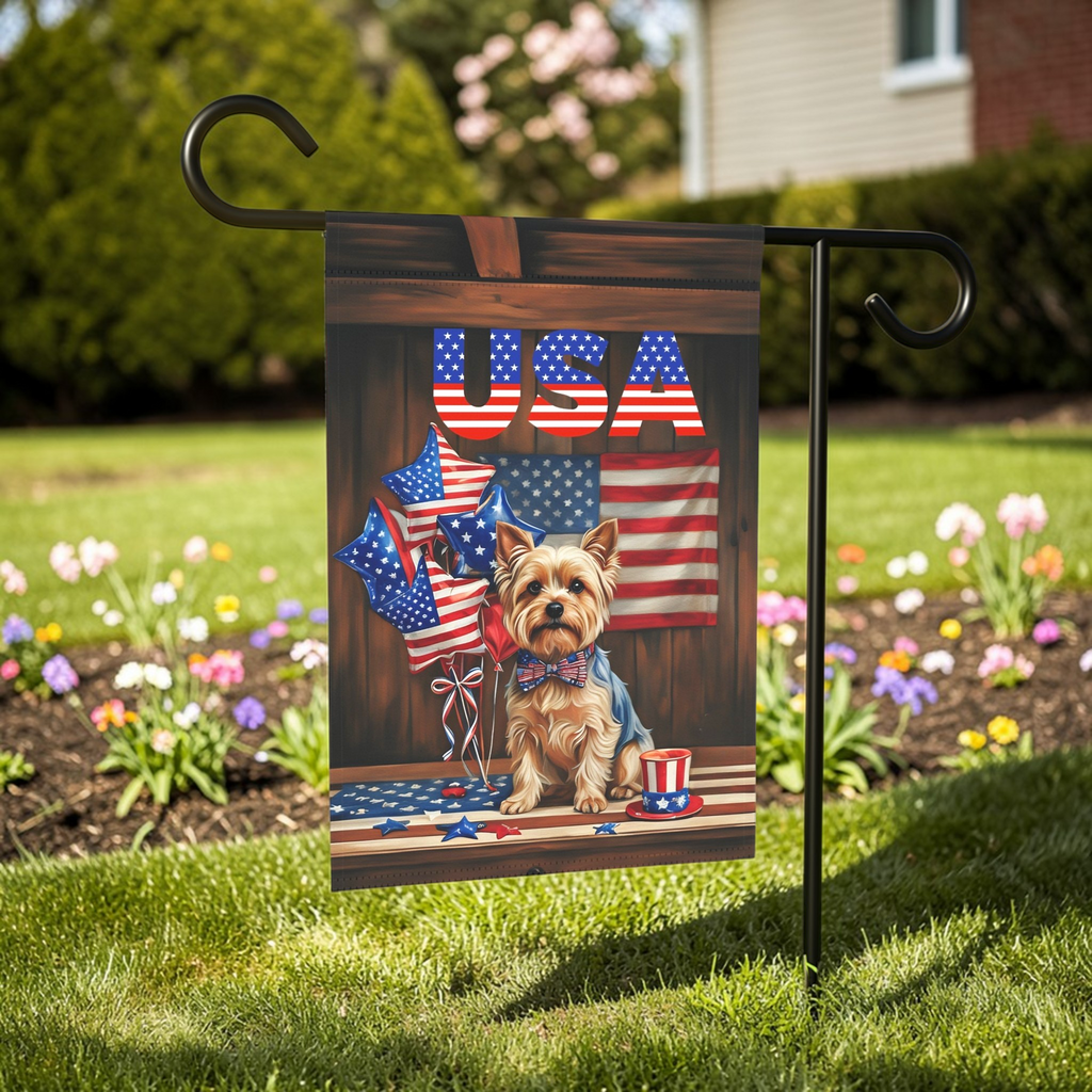 USA Patriotic Yorkshire Terrier Garden Flag - lifestyle display - Dragonfire Gardens
