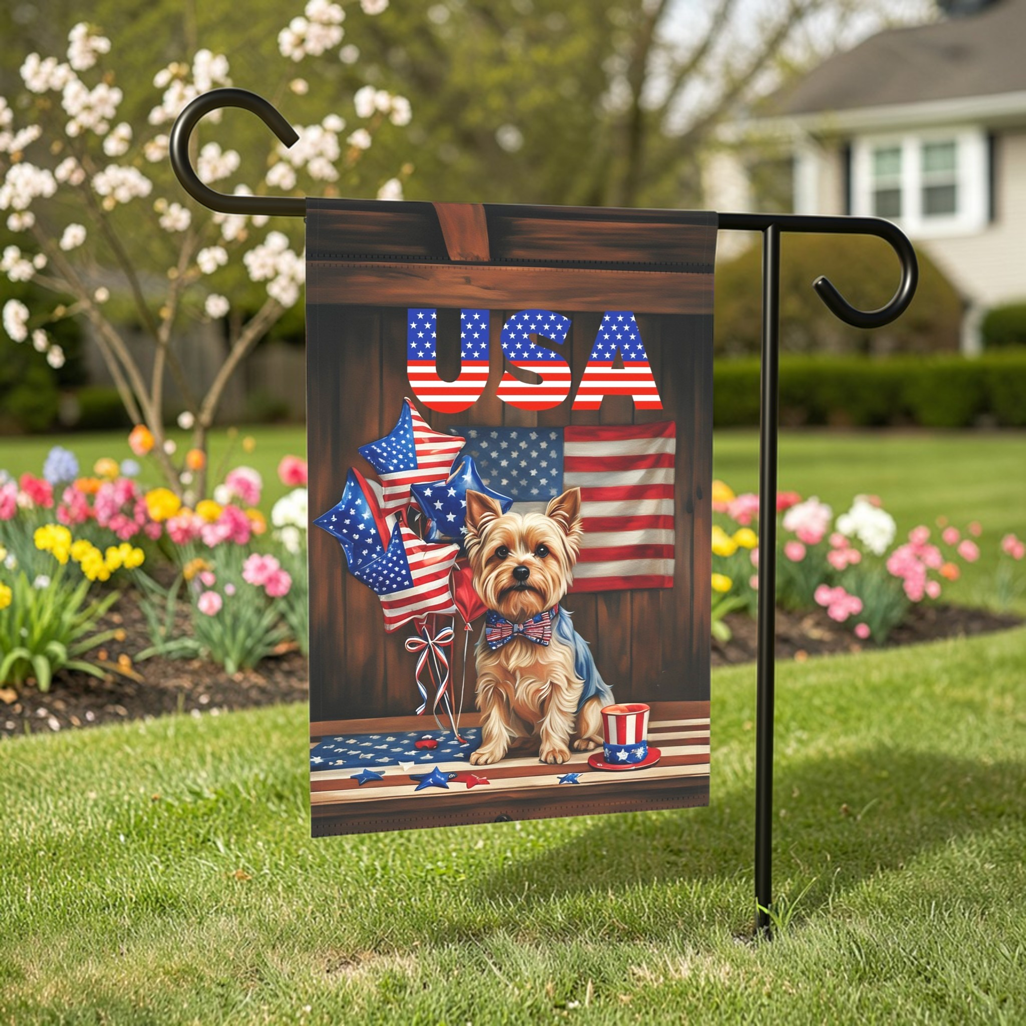 USA Patriotic Yorkshire Terrier Garden Flag - outdoor display - Dragonfire Gardens