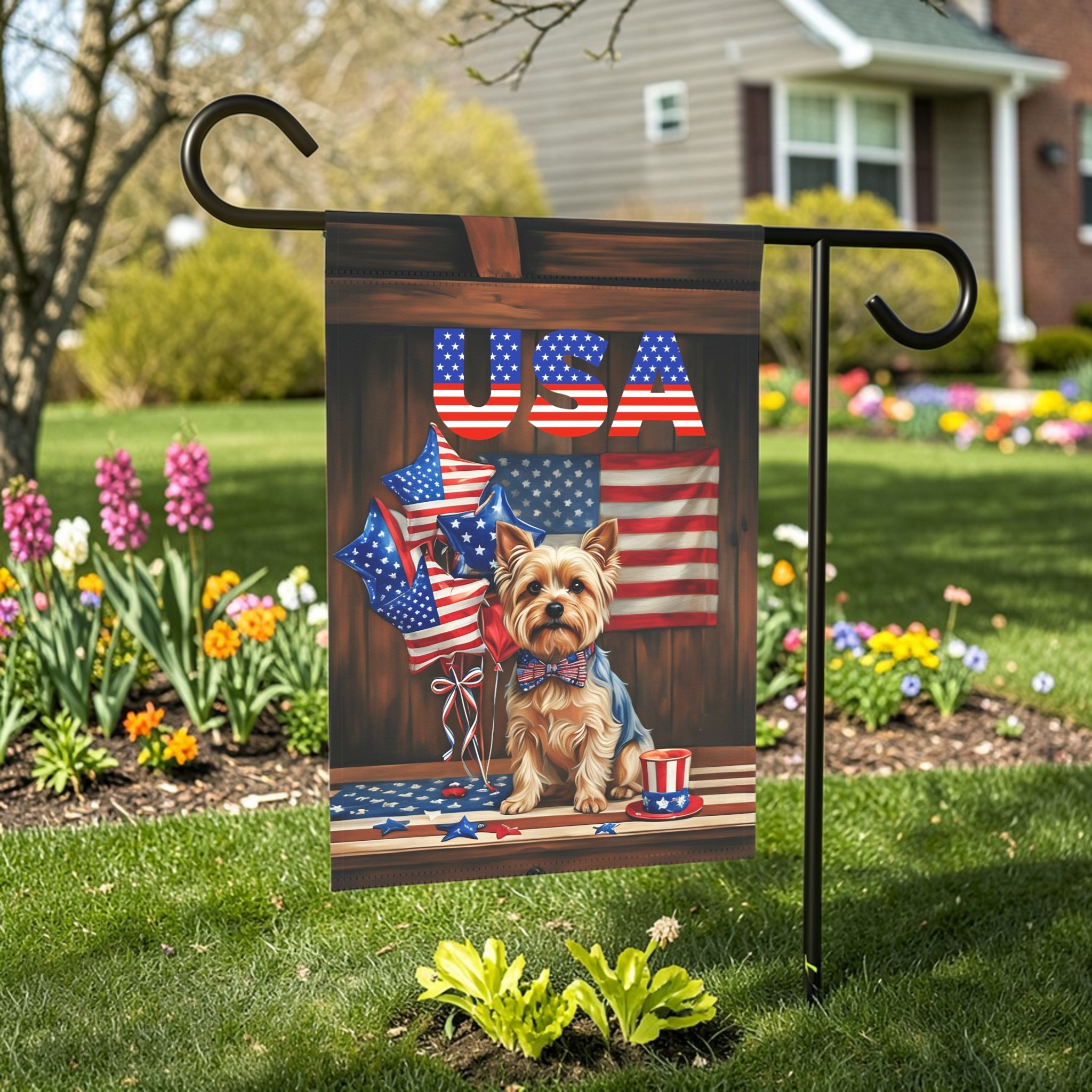 USA Patriotic Yorkshire Terrier Garden Flag - front view - Dragonfire Gardens