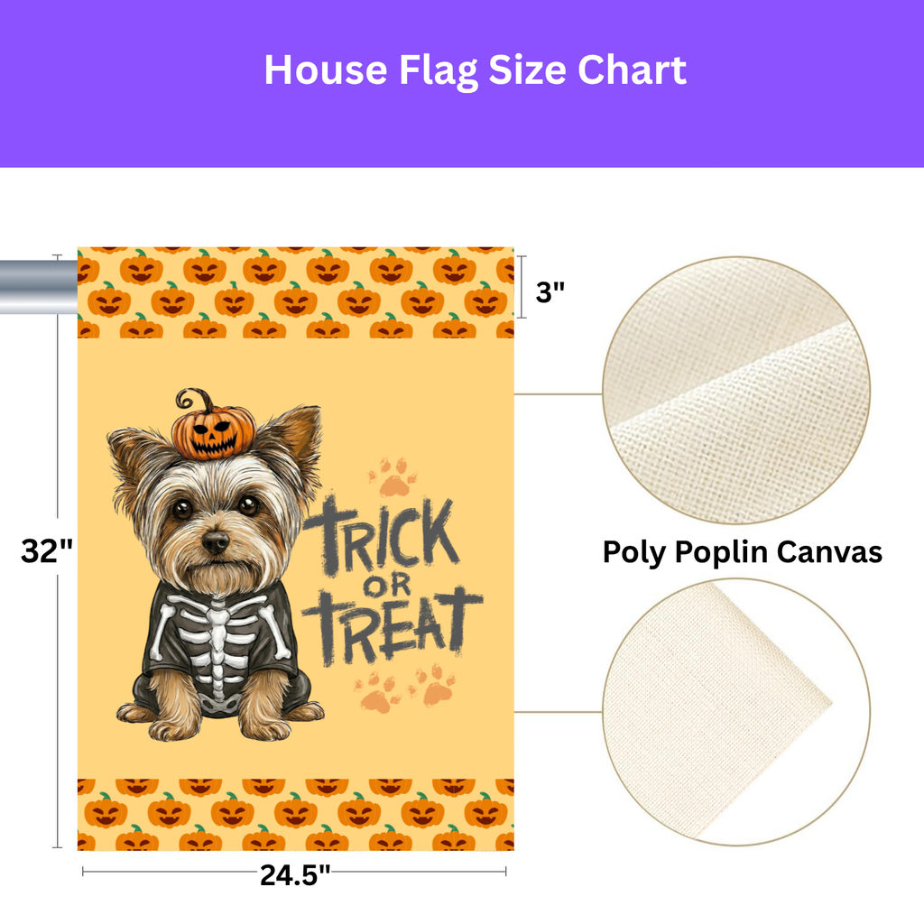 Trick or Treat Yorkshire Terrier Halloween Garden Flag - product detail - Dragonfire Gardens