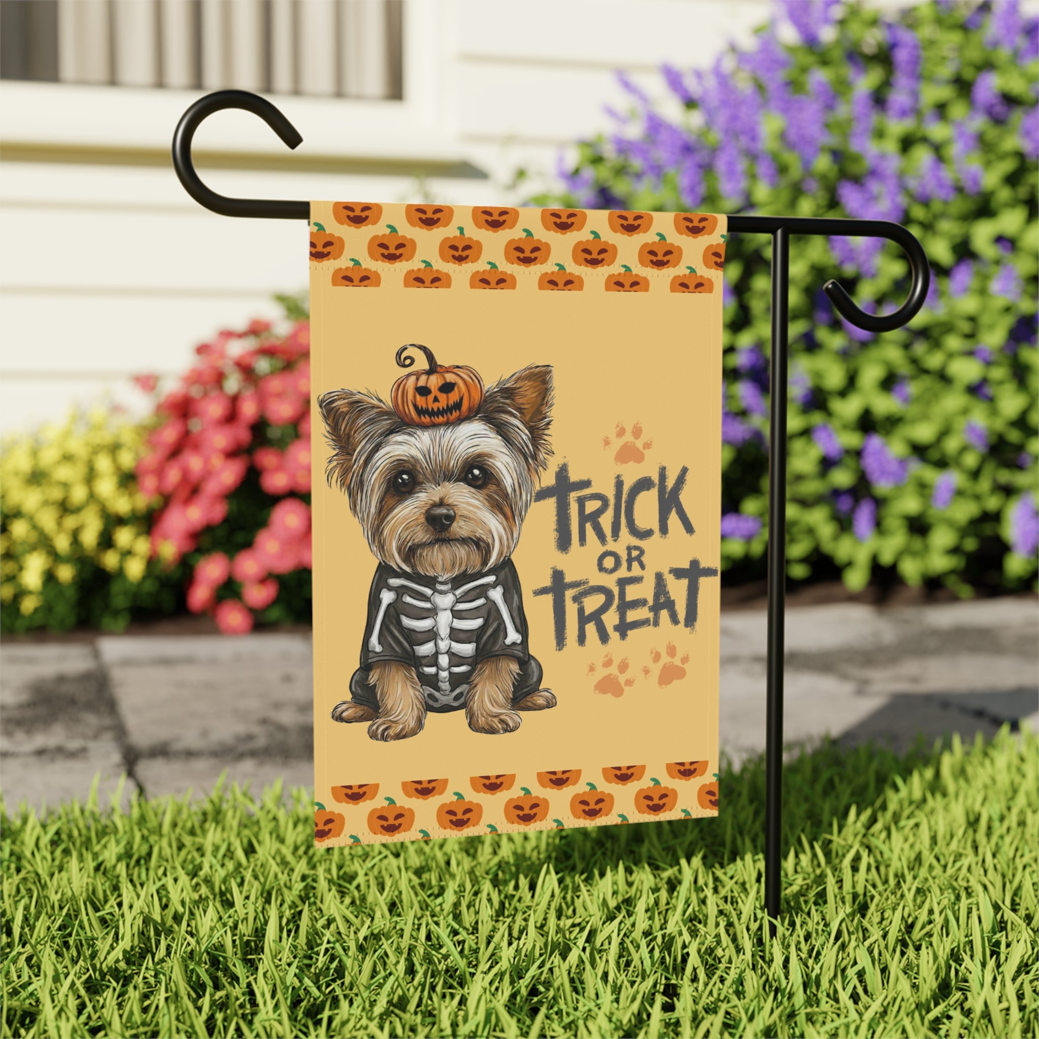 Trick or Treat Yorkshire Terrier Halloween Garden Flag - close-up detail - Dragonfire Gardens