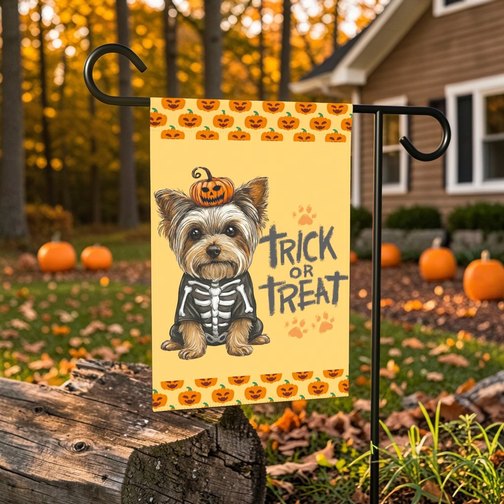 Trick or Treat Yorkshire Terrier Halloween Garden Flag - banner view - Dragonfire Gardens