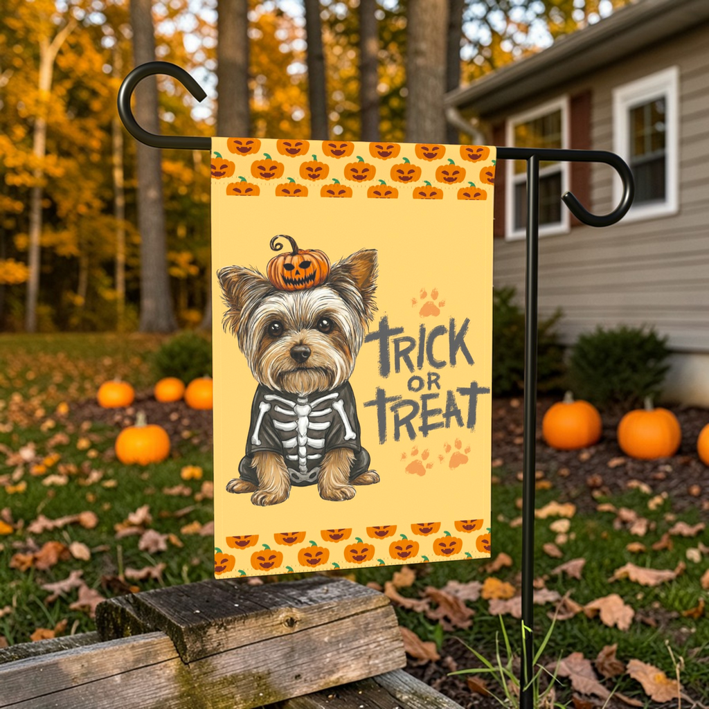 Trick or Treat Yorkshire Terrier Halloween Garden Flag - front view - Dragonfire Gardens