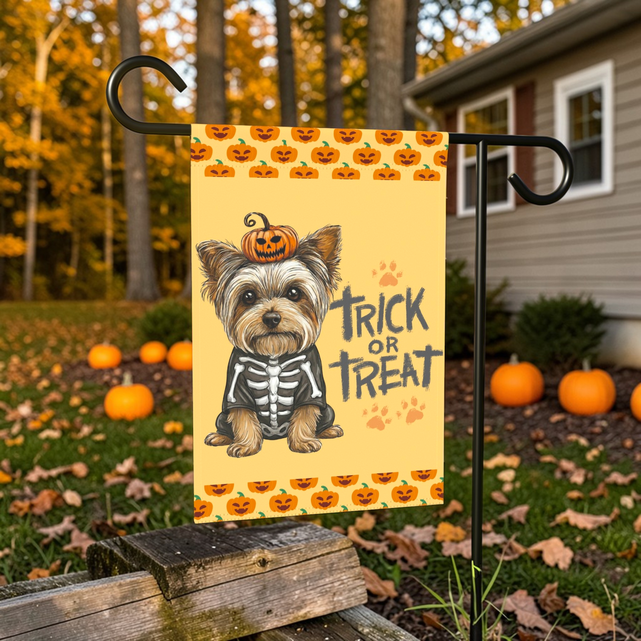 Trick or Treat Yorkshire Terrier Halloween Garden Flag - front view - Dragonfire Gardens