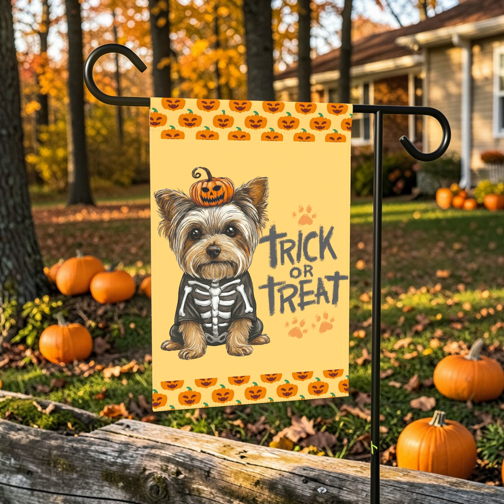 Trick or Treat Yorkshire Terrier Halloween Garden Flag - outdoor display - Dragonfire Gardens