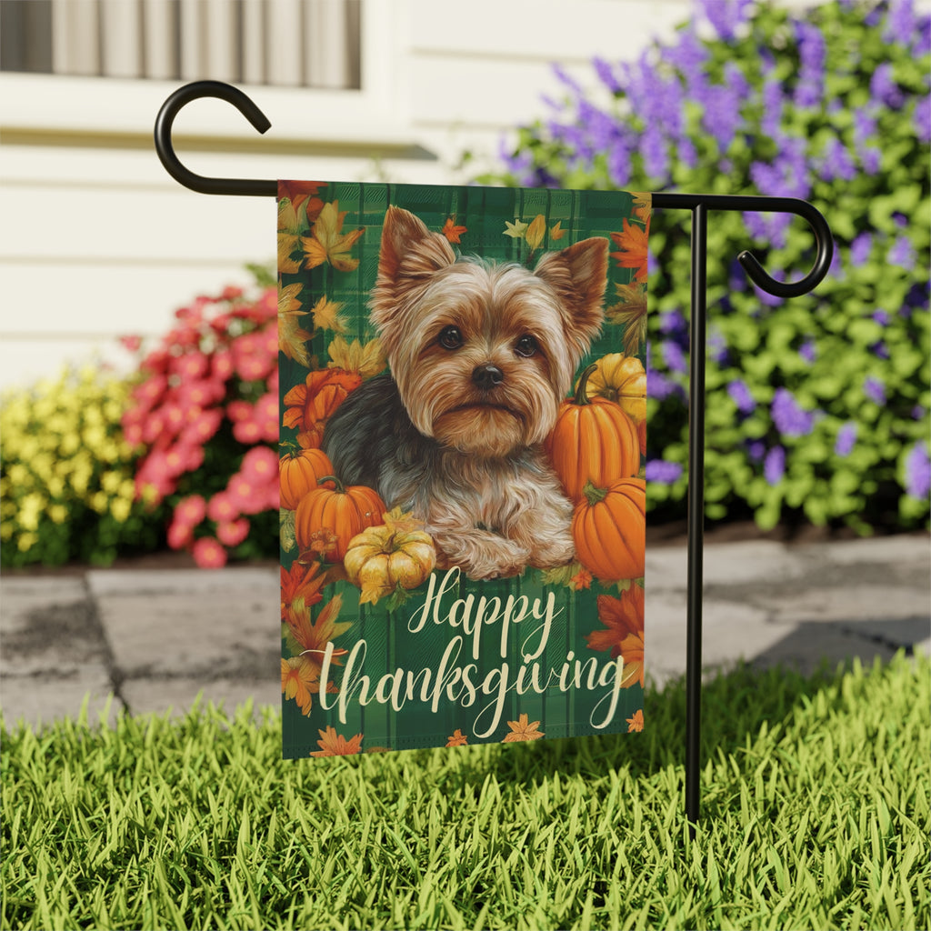 Happy Thanksgiving Yorkshire Terrier Garden Flag - close-up detail - Dragonfire Gardens