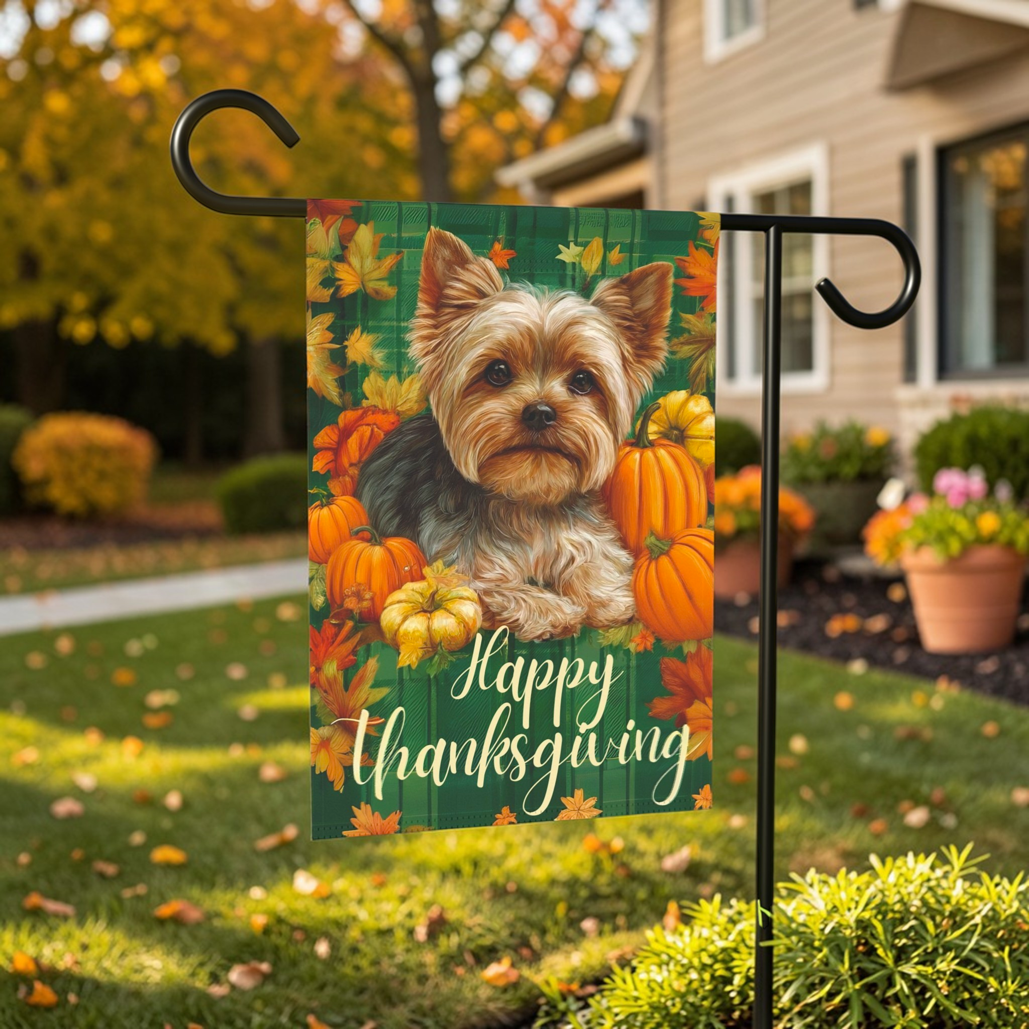 Happy Thanksgiving Yorkshire Terrier Garden Flag - lifestyle display - Dragonfire Gardens