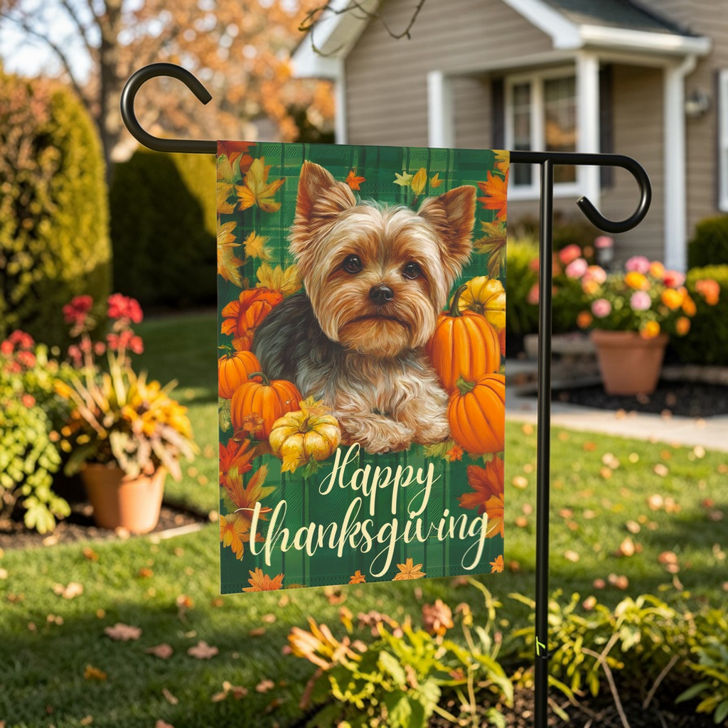 Happy Thanksgiving Yorkshire Terrier Garden Flag - outdoor display - Dragonfire Gardens