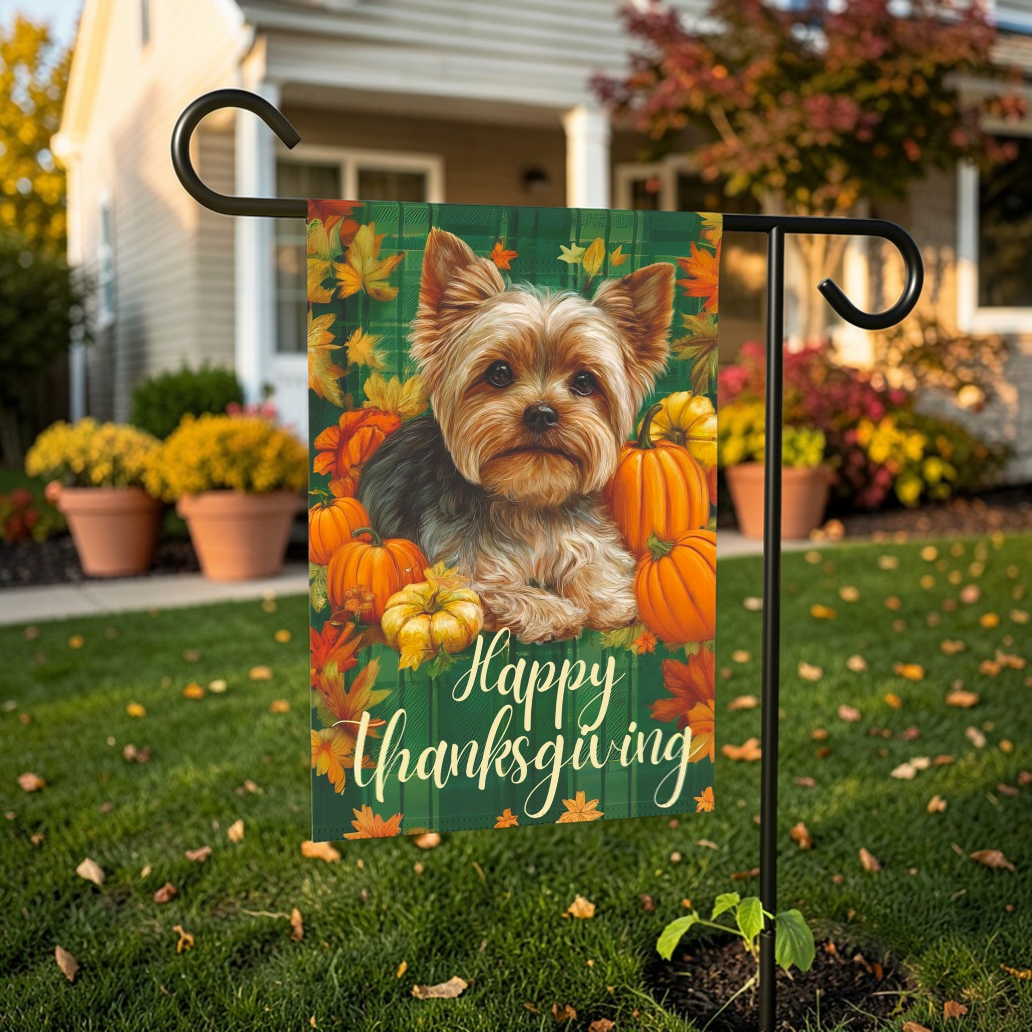 Happy Thanksgiving Yorkshire Terrier Garden Flag - front view - Dragonfire Gardens