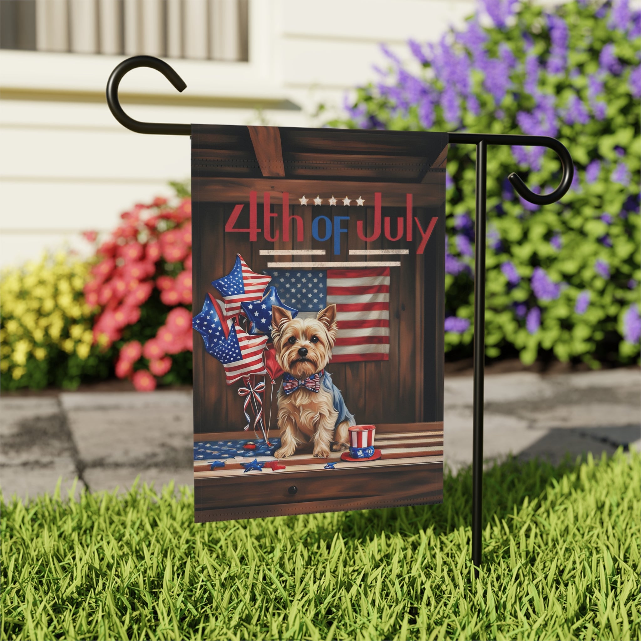 4th of July Yorkshire Terrier Garden Flag - close-up detail - Dragonfire Gardens