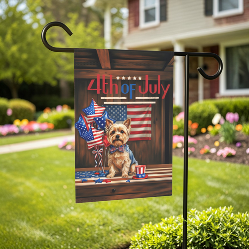 4th of July Yorkshire Terrier Garden Flag - front view - Dragonfire Gardens
