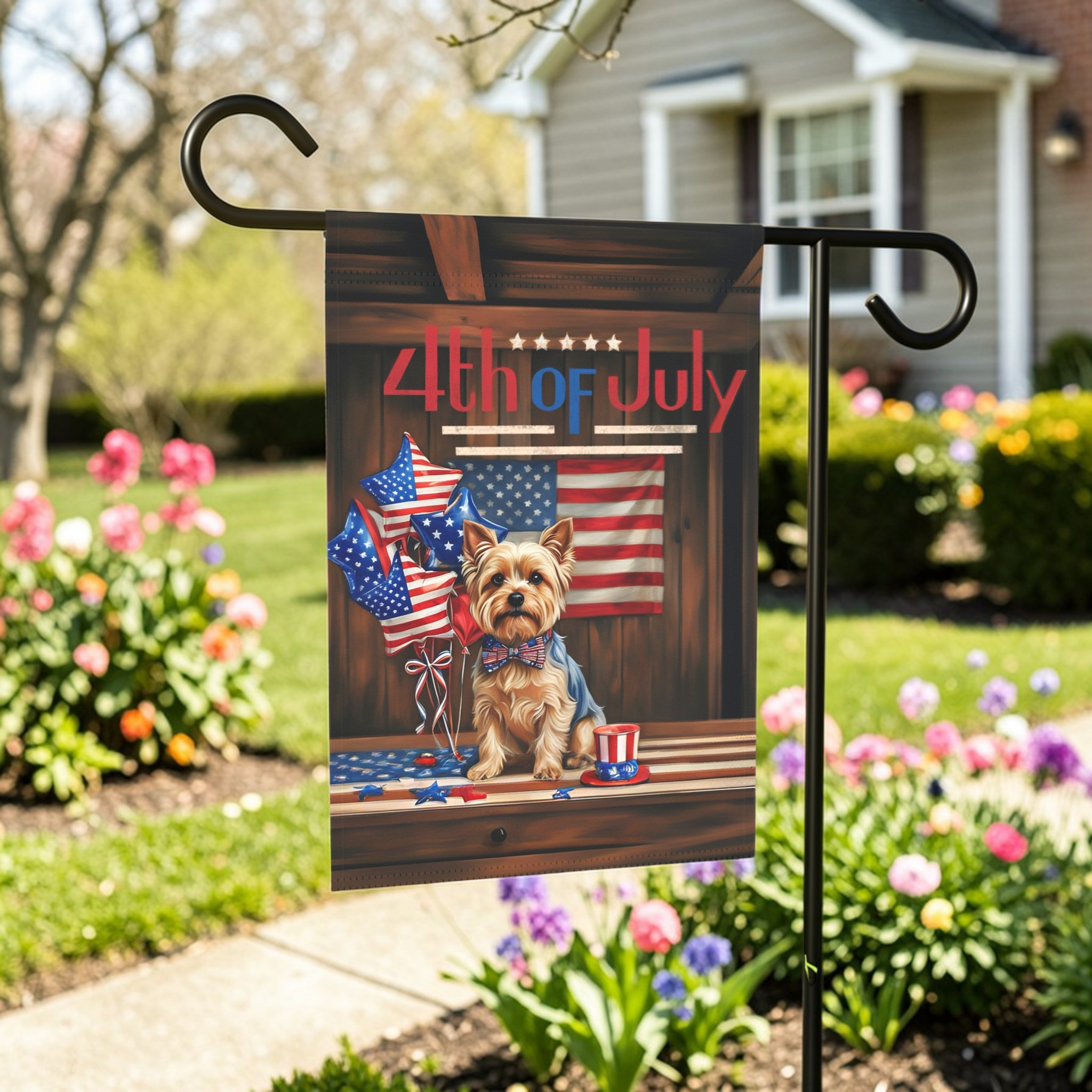 4th of July Yorkshire Terrier Garden Flag - lifestyle display - Dragonfire Gardens