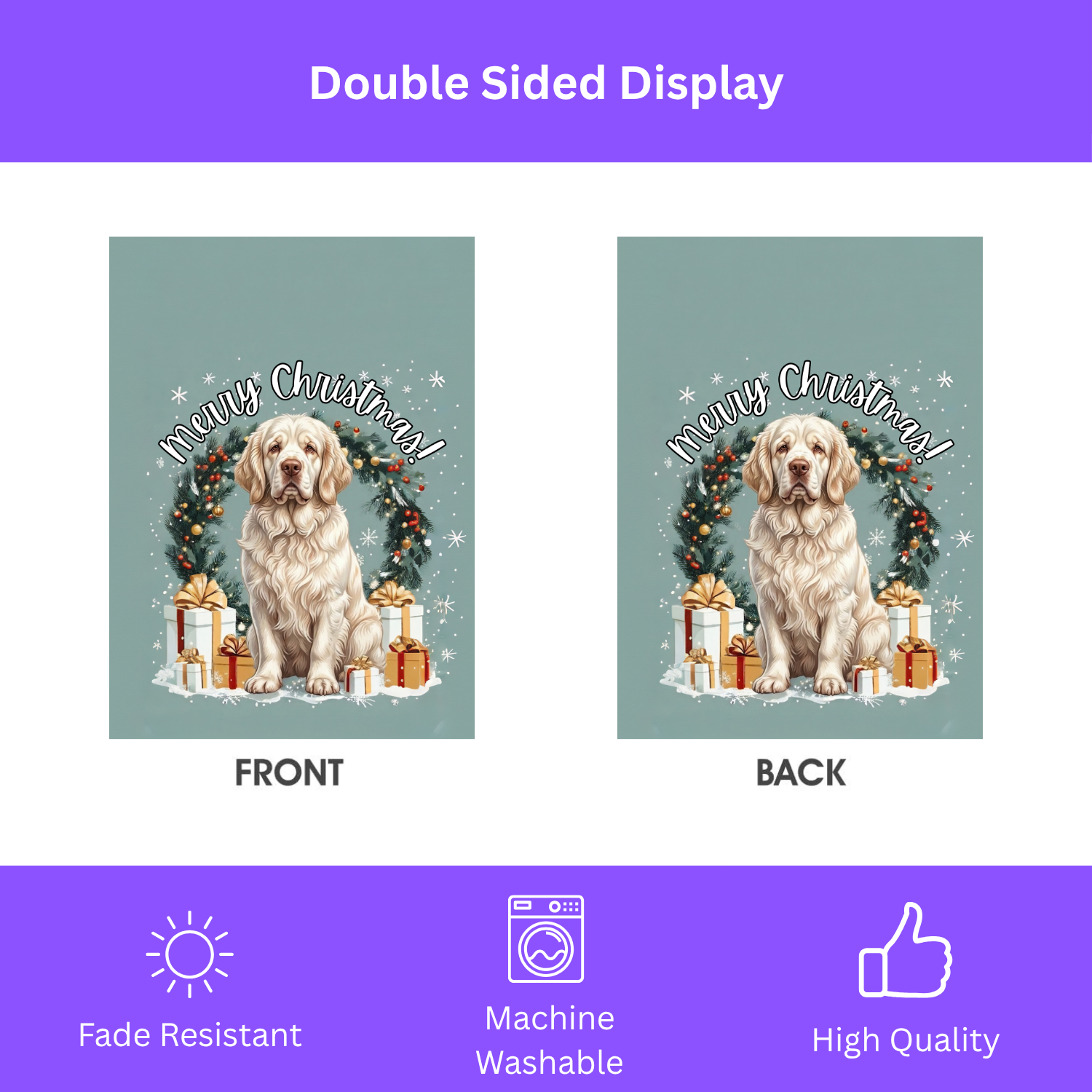 Merry Christmas Clumber Spaniel Garden Flag - size comparison - Dragonfire Gardens
