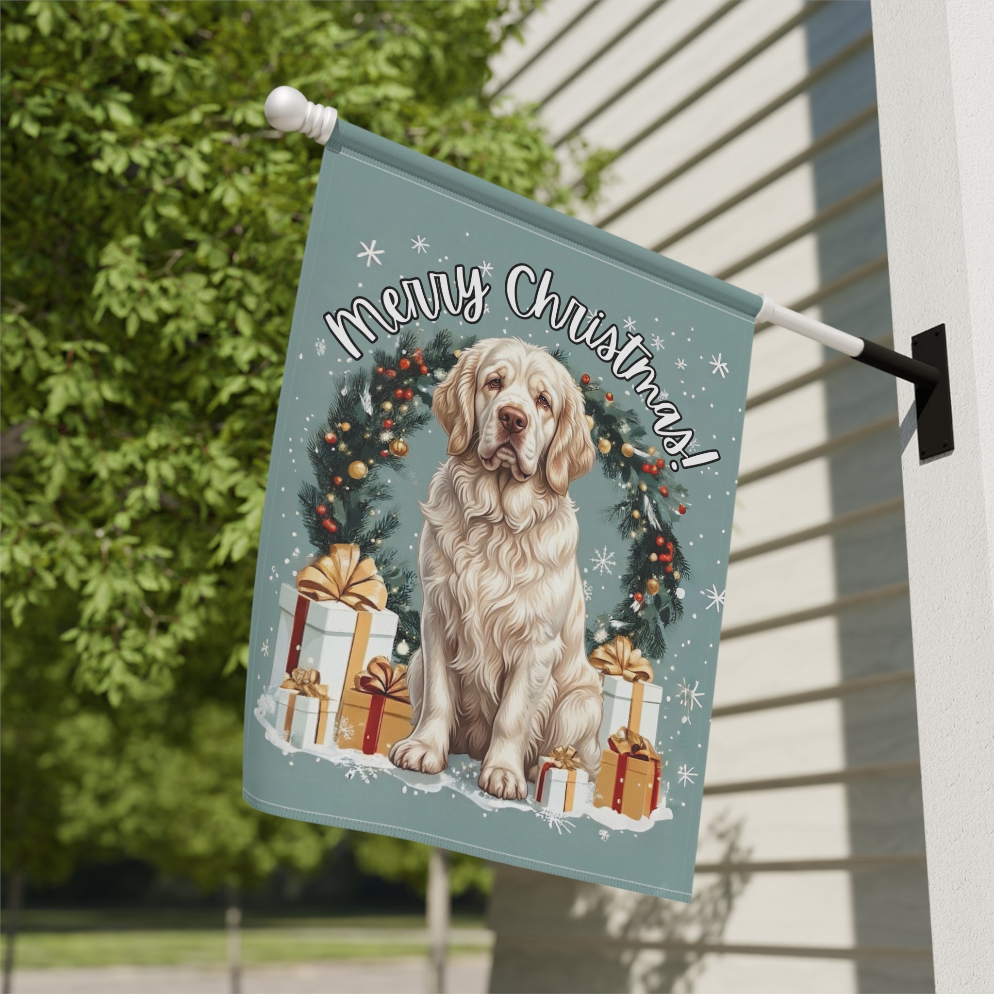 Merry Christmas Clumber Spaniel Garden Flag - yard display - Dragonfire Gardens