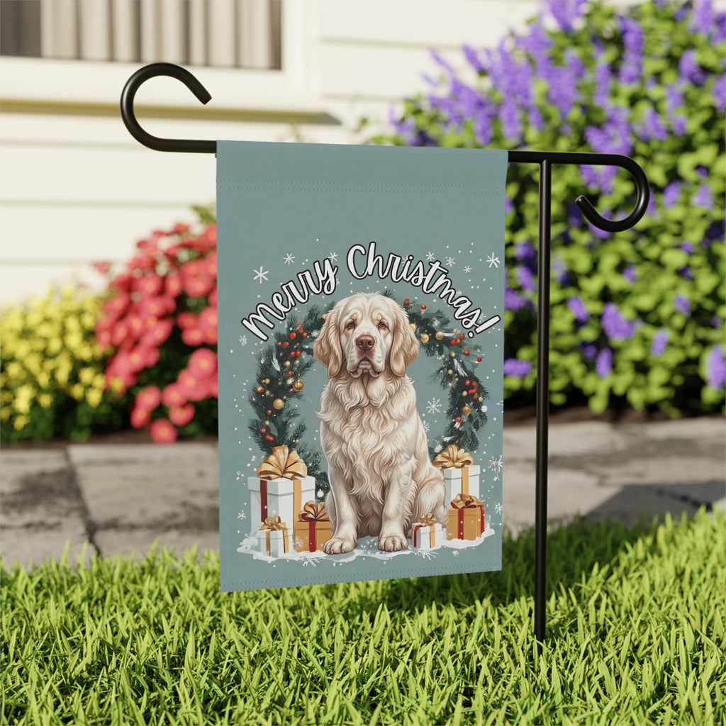 Merry Christmas Clumber Spaniel Garden Flag - close-up detail - Dragonfire Gardens