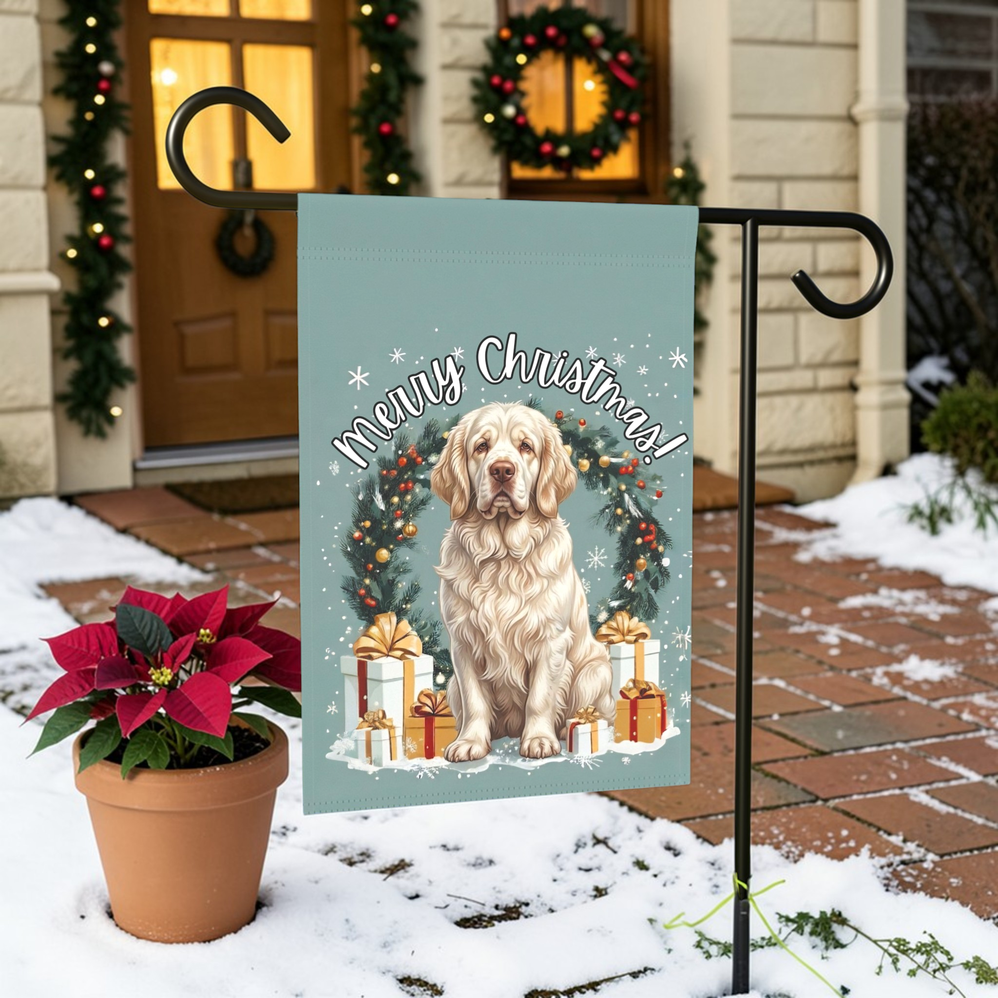 Merry Christmas Clumber Spaniel Garden Flag - lifestyle display - Dragonfire Gardens