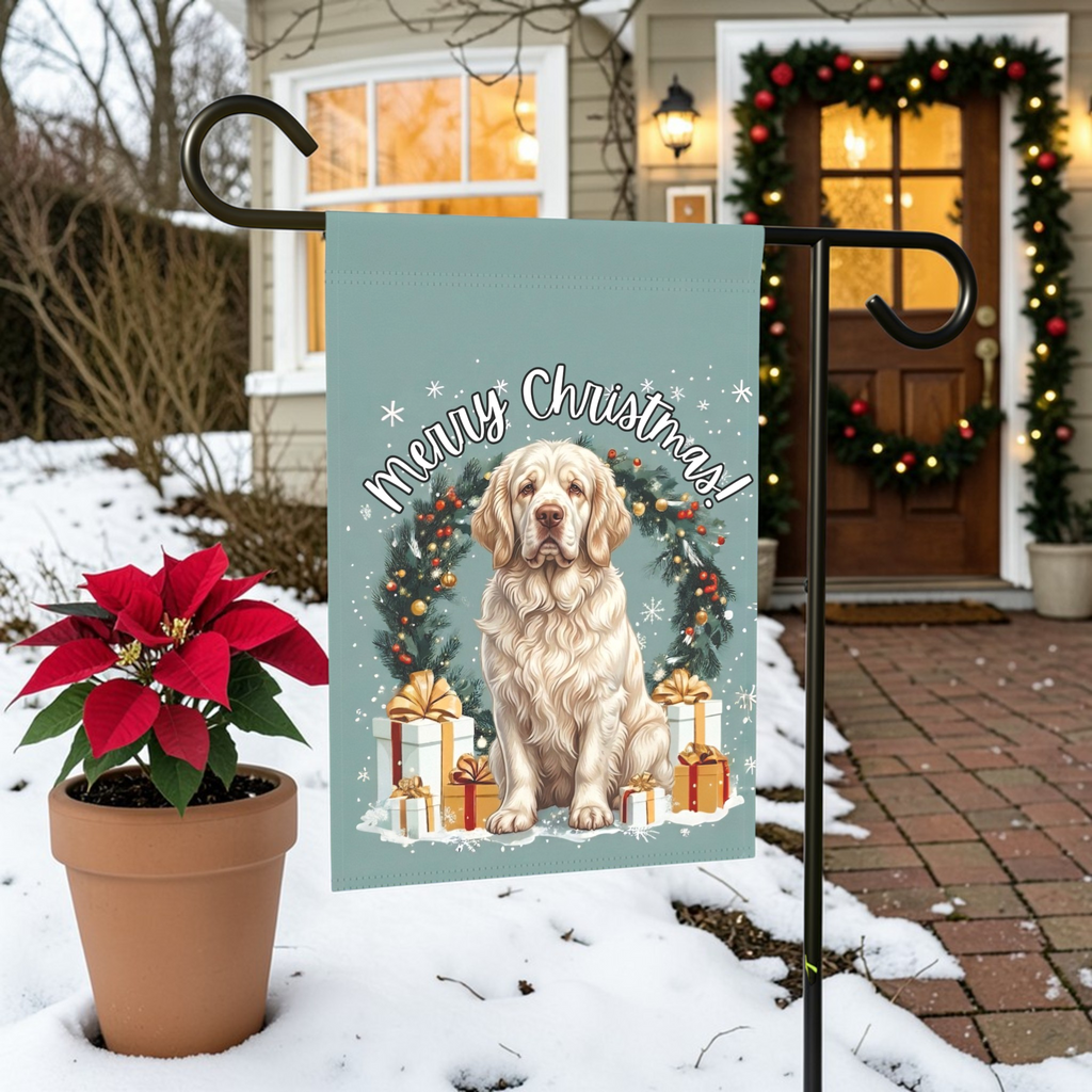 Merry Christmas Clumber Spaniel Garden Flag - outdoor display - Dragonfire Gardens
