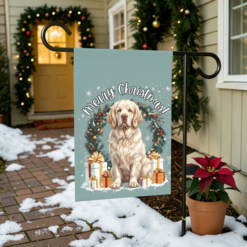 Merry Christmas Clumber Spaniel Garden Flag - front view - Dragonfire Gardens