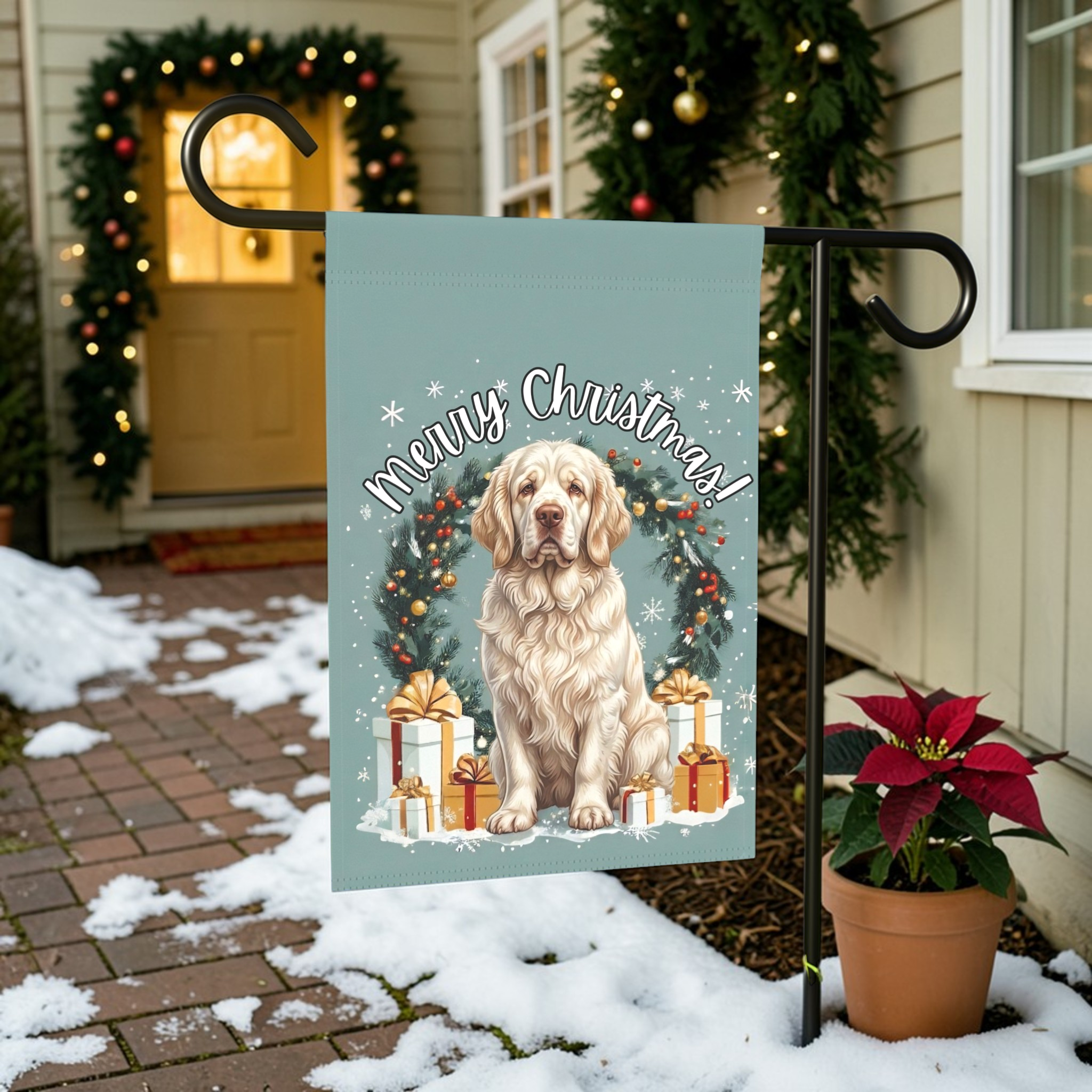 Merry Christmas Clumber Spaniel Garden Flag - front view - Dragonfire Gardens