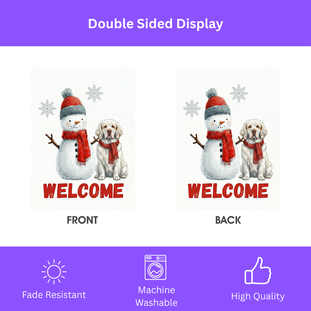 Clumber Spaniel and Snowman Welcome Garden Flag - double-sided design - Dragonfire Gardens