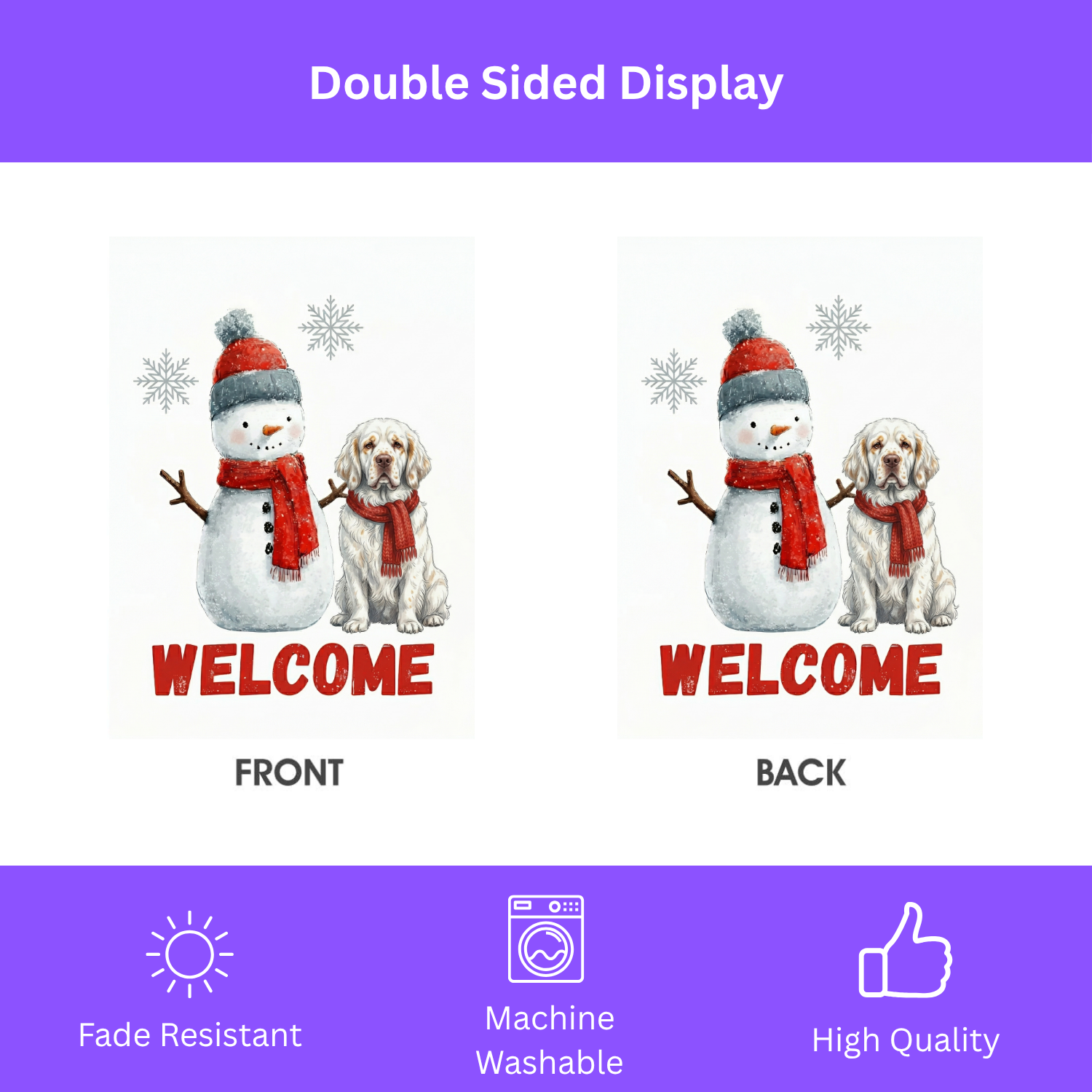 Clumber Spaniel and Snowman Welcome Garden Flag - double-sided design - Dragonfire Gardens