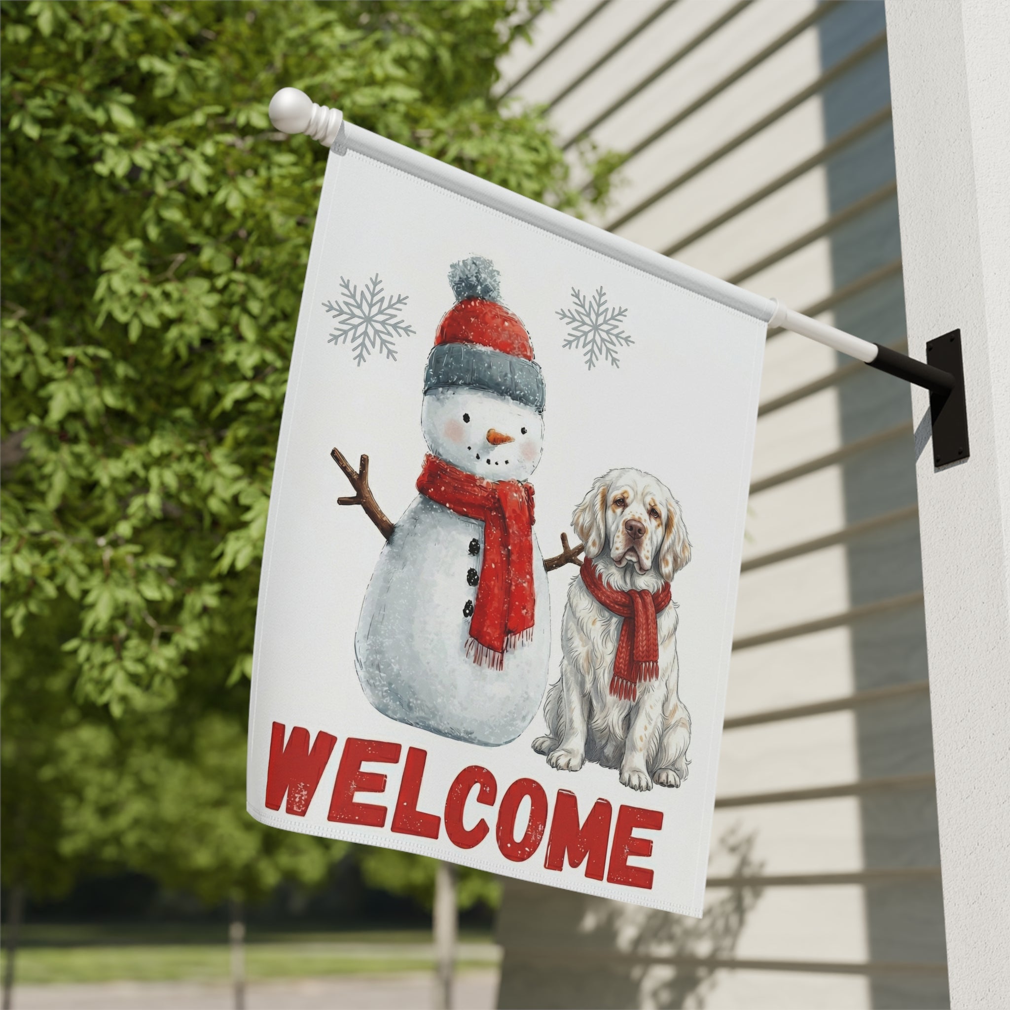 Clumber Spaniel and Snowman Welcome Garden Flag - close-up detail - Dragonfire Gardens