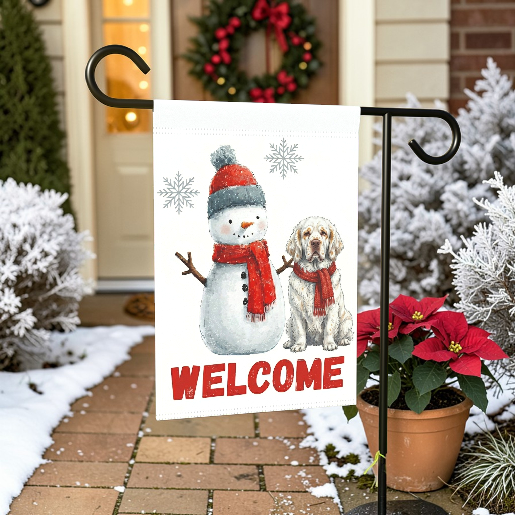 Clumber Spaniel and Snowman Welcome Garden Flag - size comparison - Dragonfire Gardens