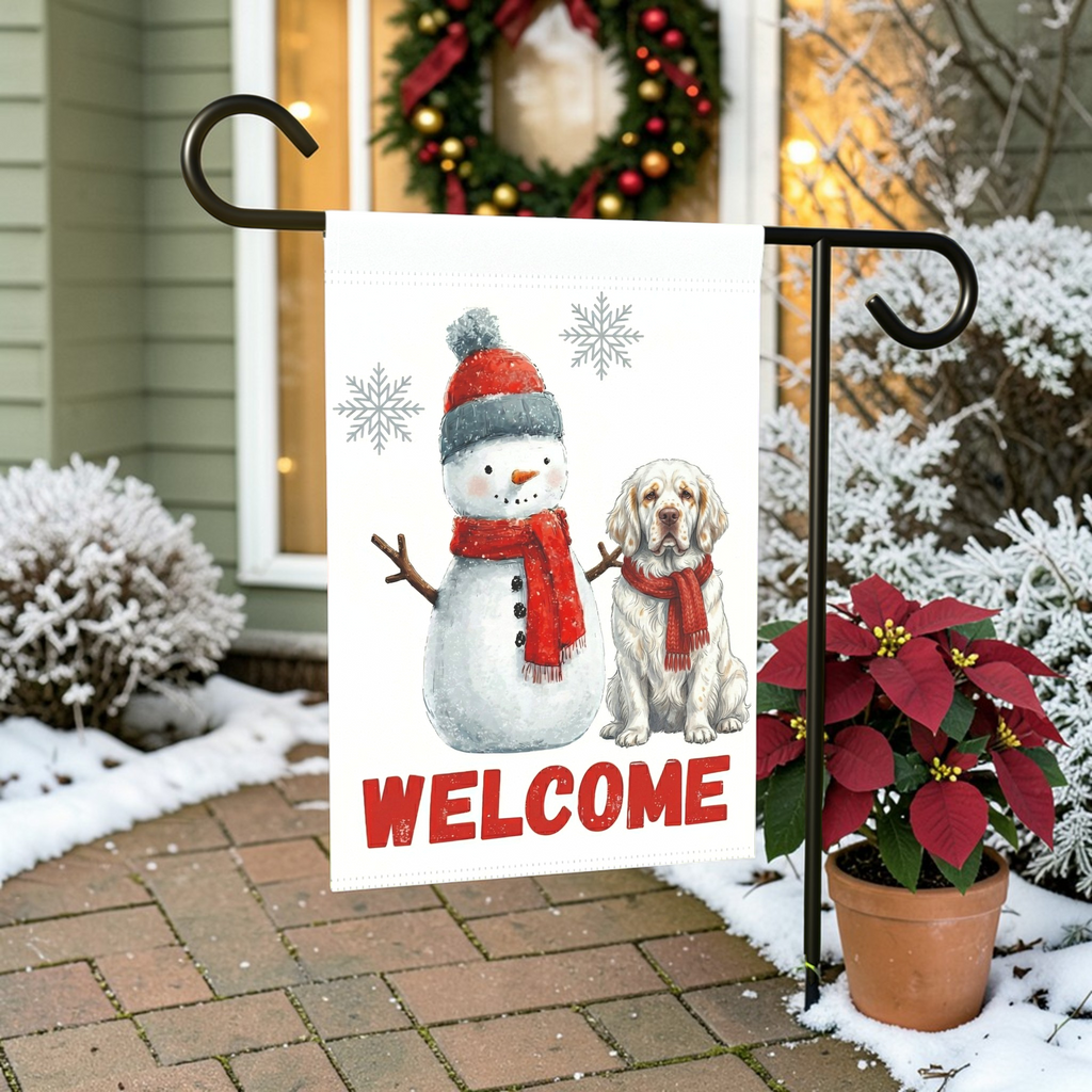 Clumber Spaniel and Snowman Welcome Garden Flag - lifestyle display - Dragonfire Gardens