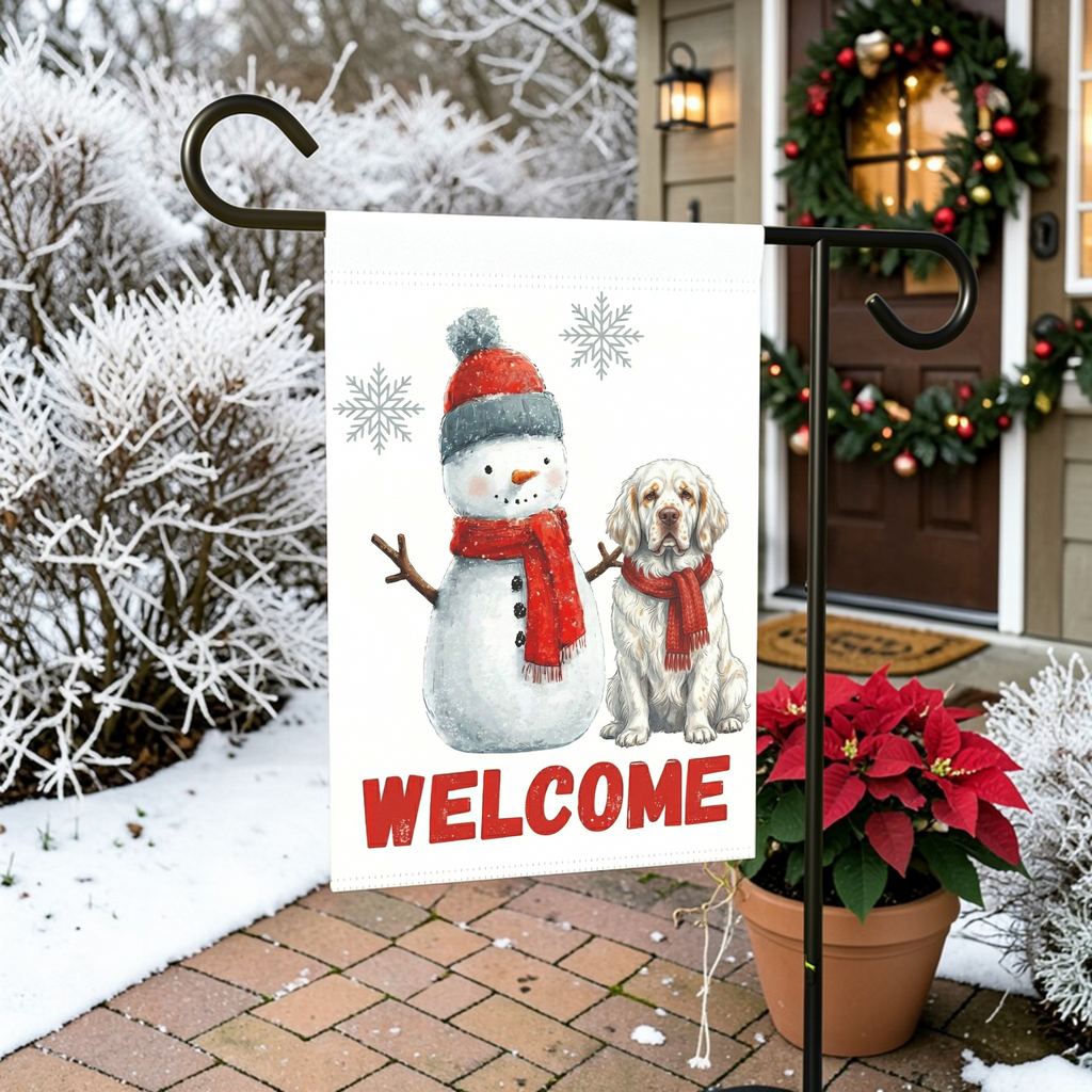 Clumber Spaniel and Snowman Welcome Garden Flag - front view - Dragonfire Gardens