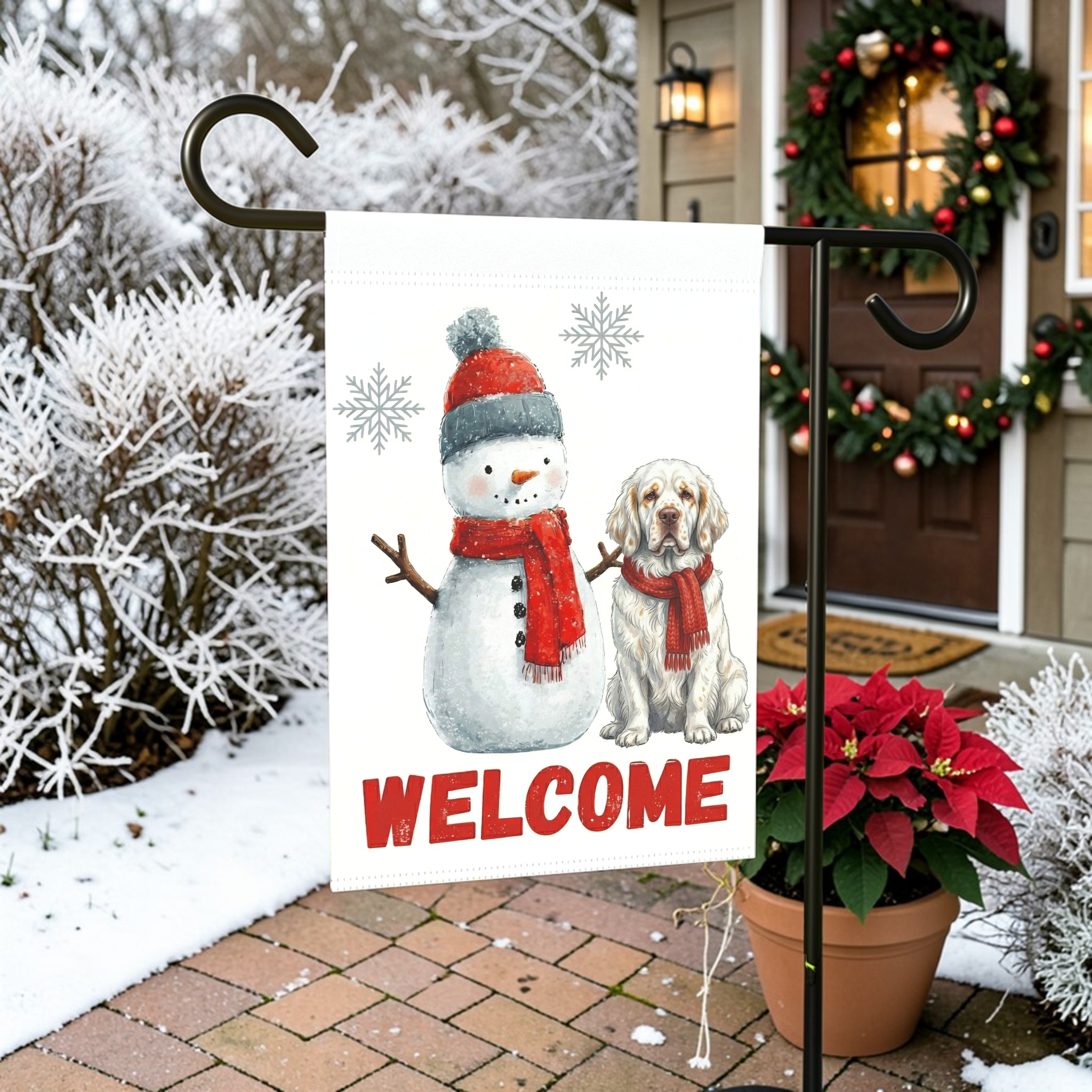 Clumber Spaniel and Snowman Welcome Garden Flag - front view - Dragonfire Gardens