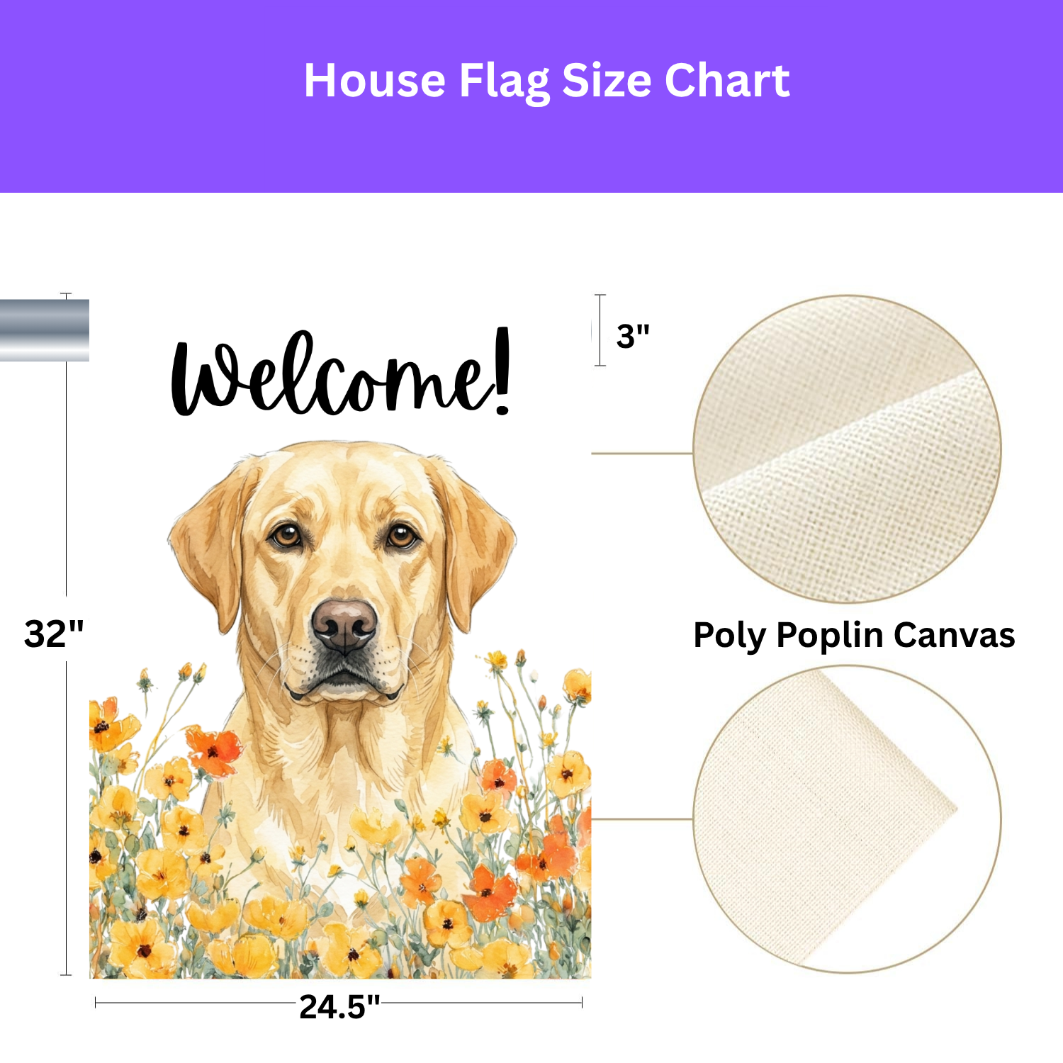Yellow Poppies Yellow Labrador Retriever Welcome Garden Flag - size comparison - Dragonfire Gardens