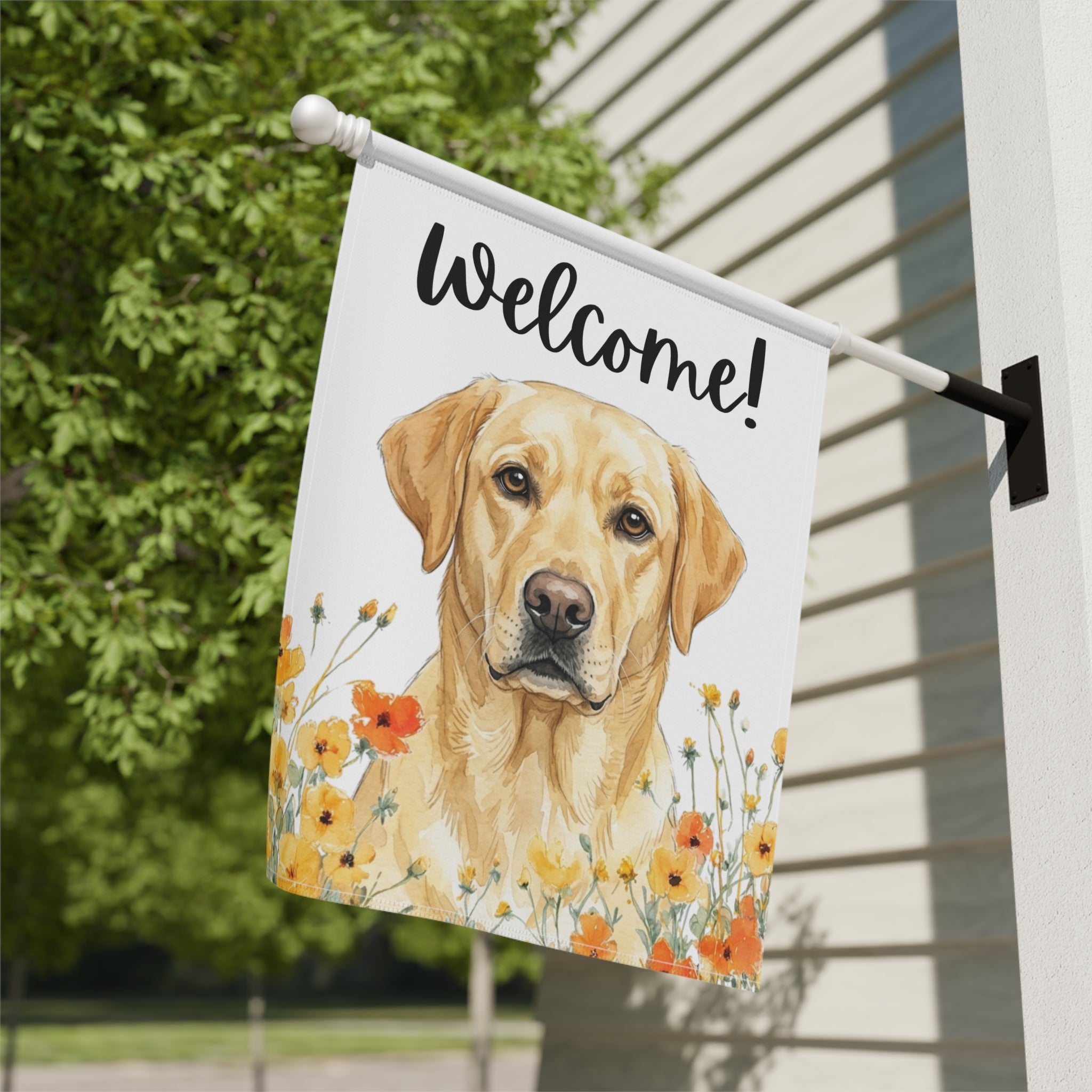 Yellow Poppies Yellow Labrador Retriever Welcome Garden Flag - yard display - Dragonfire Gardens