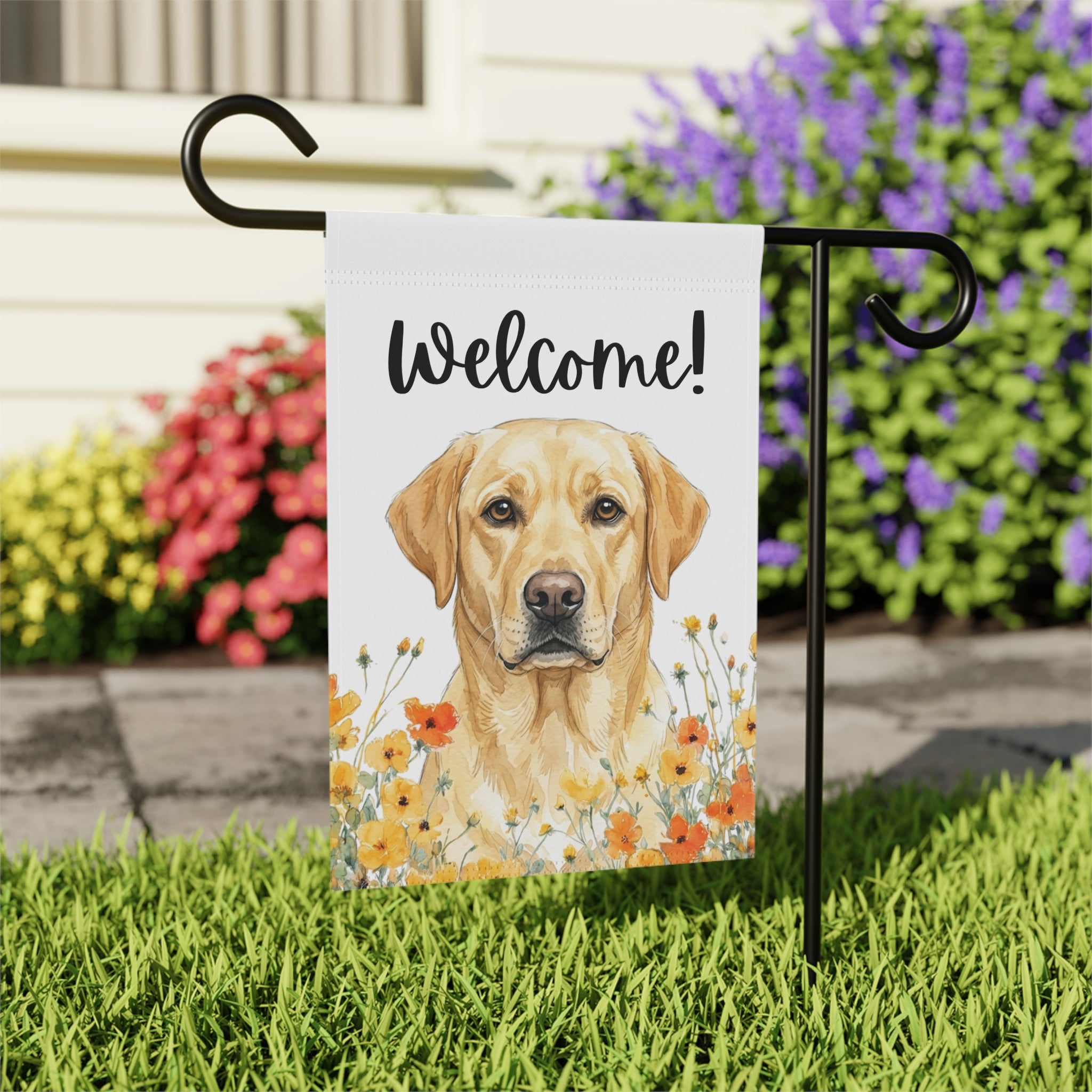 Yellow Poppies Yellow Labrador Retriever Welcome Garden Flag - close-up detail - Dragonfire Gardens