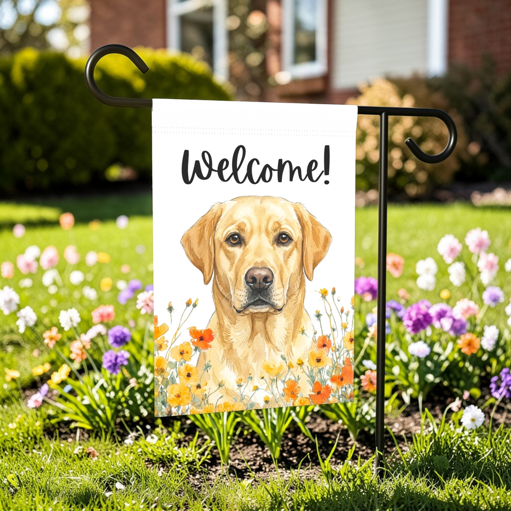 Yellow Poppies Yellow Labrador Retriever Welcome Garden Flag - lifestyle display - Dragonfire Gardens