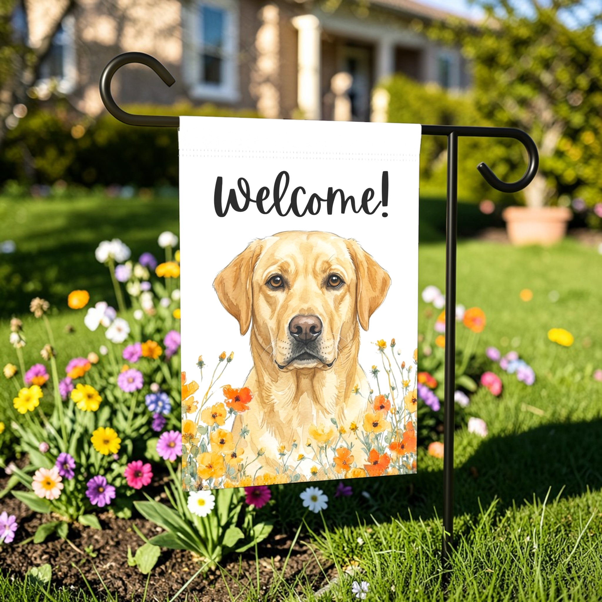 Yellow Poppies Yellow Labrador Retriever Welcome Garden Flag - outdoor display - Dragonfire Gardens