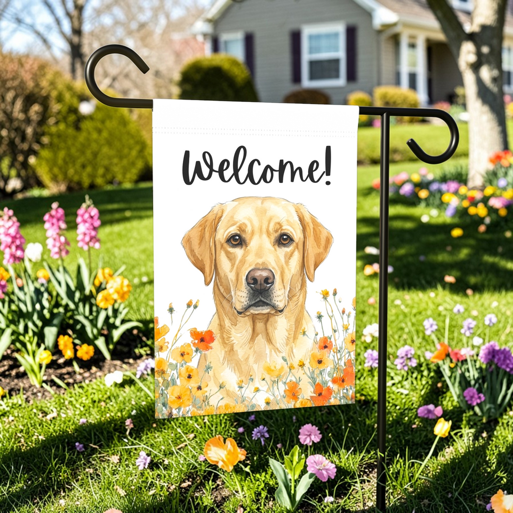 Yellow Poppies Yellow Labrador Retriever Welcome Garden Flag - front view - Dragonfire Gardens