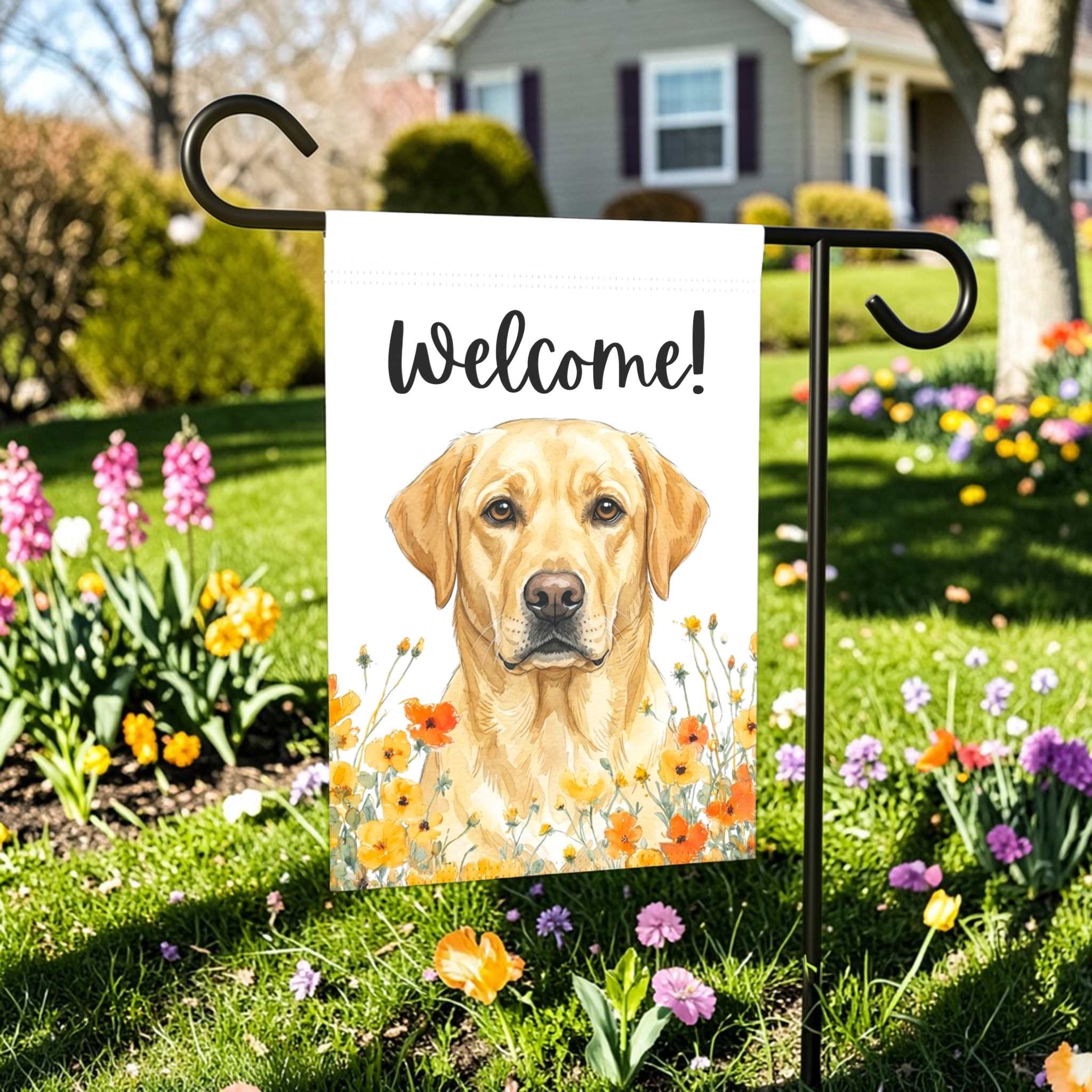 Yellow Poppies Yellow Labrador Retriever Welcome Garden Flag - front view - Dragonfire Gardens