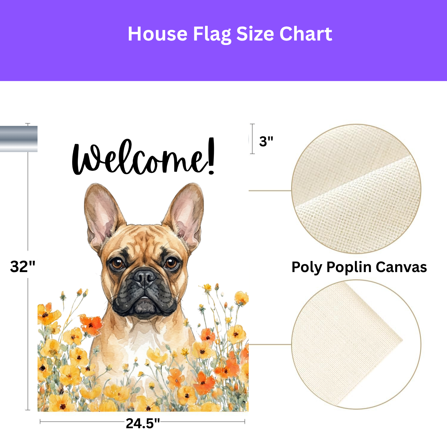 Yellow Poppies French Bulldog Welcome Garden Flag - size comparison - Dragonfire Gardens