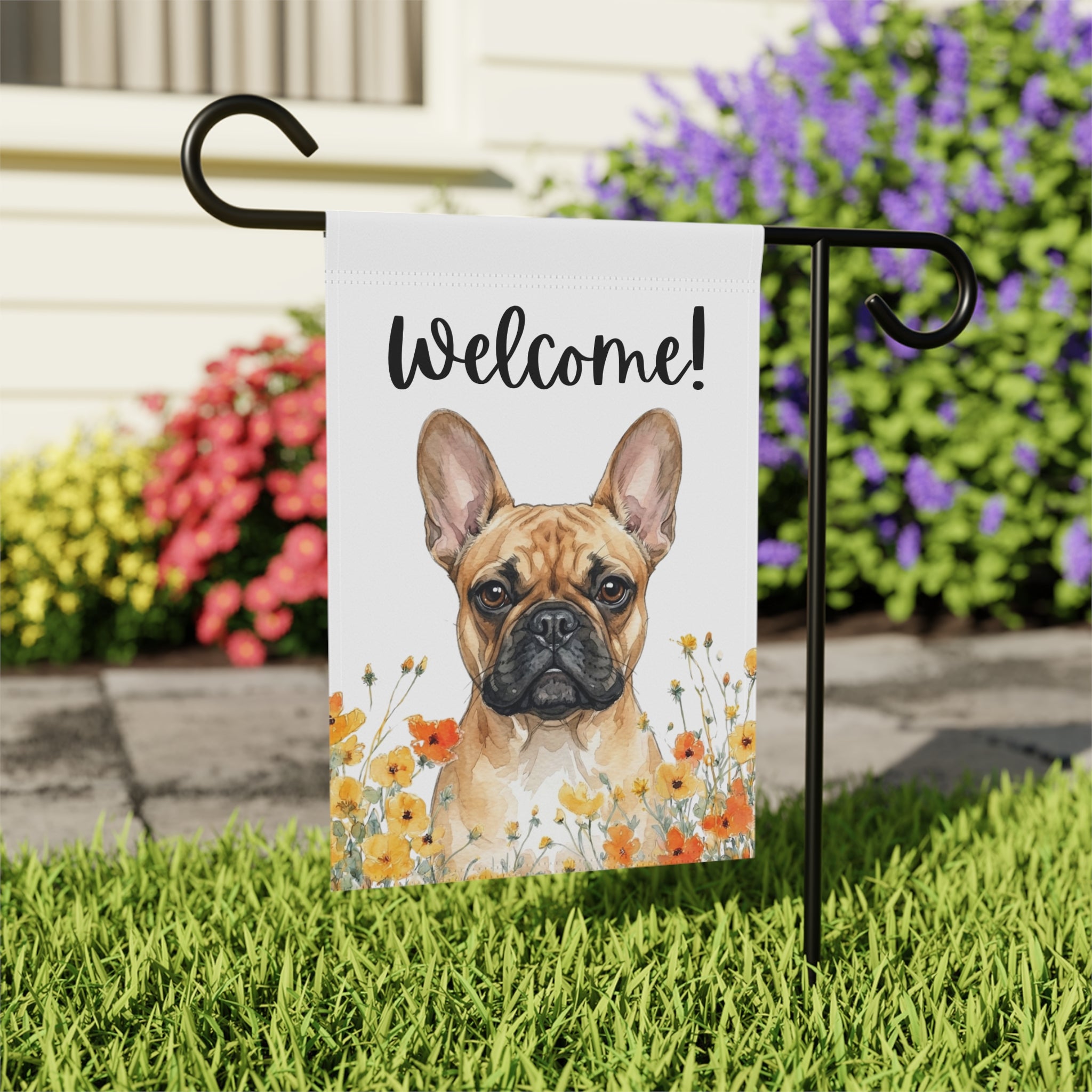 Yellow Poppies French Bulldog Welcome Garden Flag - close-up detail - Dragonfire Gardens