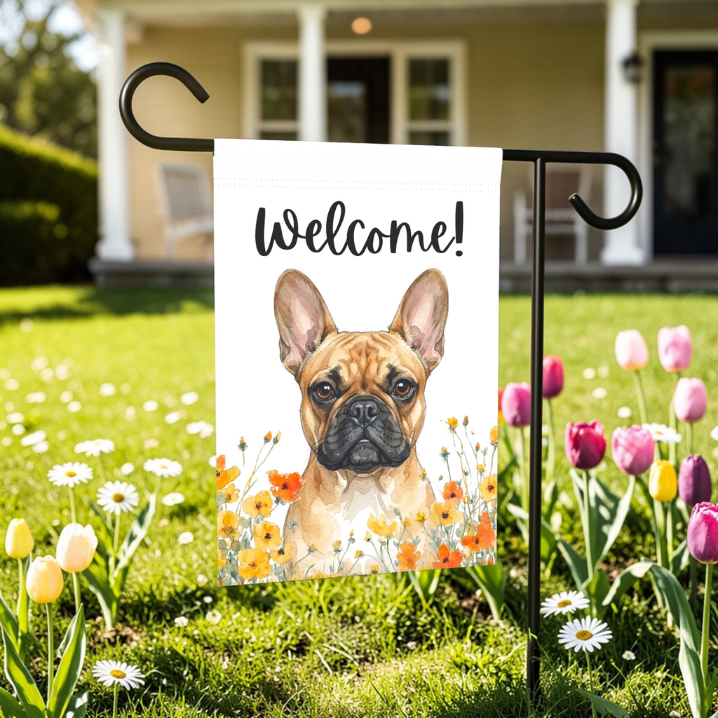 Yellow Poppies French Bulldog Welcome Garden Flag - lifestyle display - Dragonfire Gardens