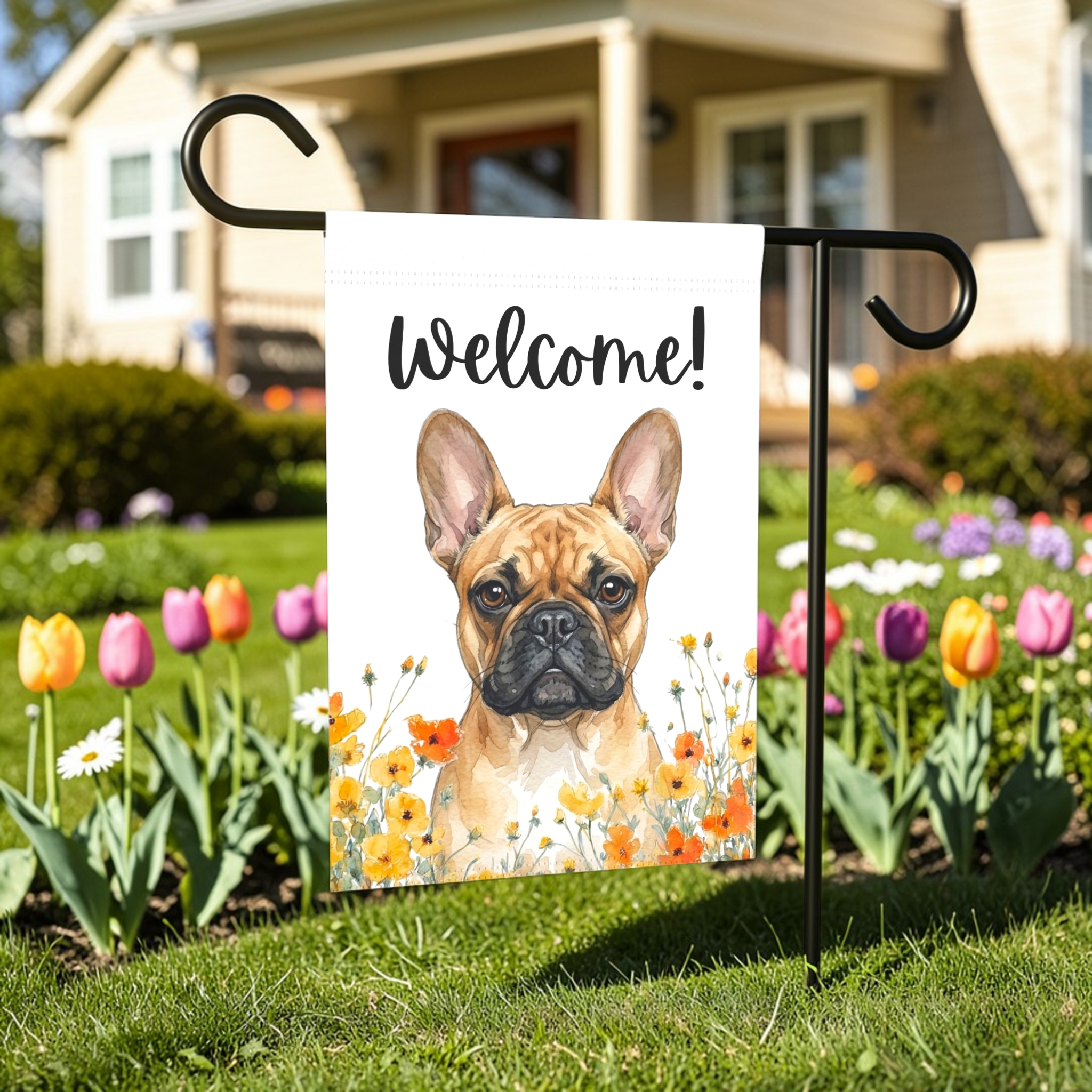 Yellow Poppies French Bulldog Welcome Garden Flag - front view - Dragonfire Gardens