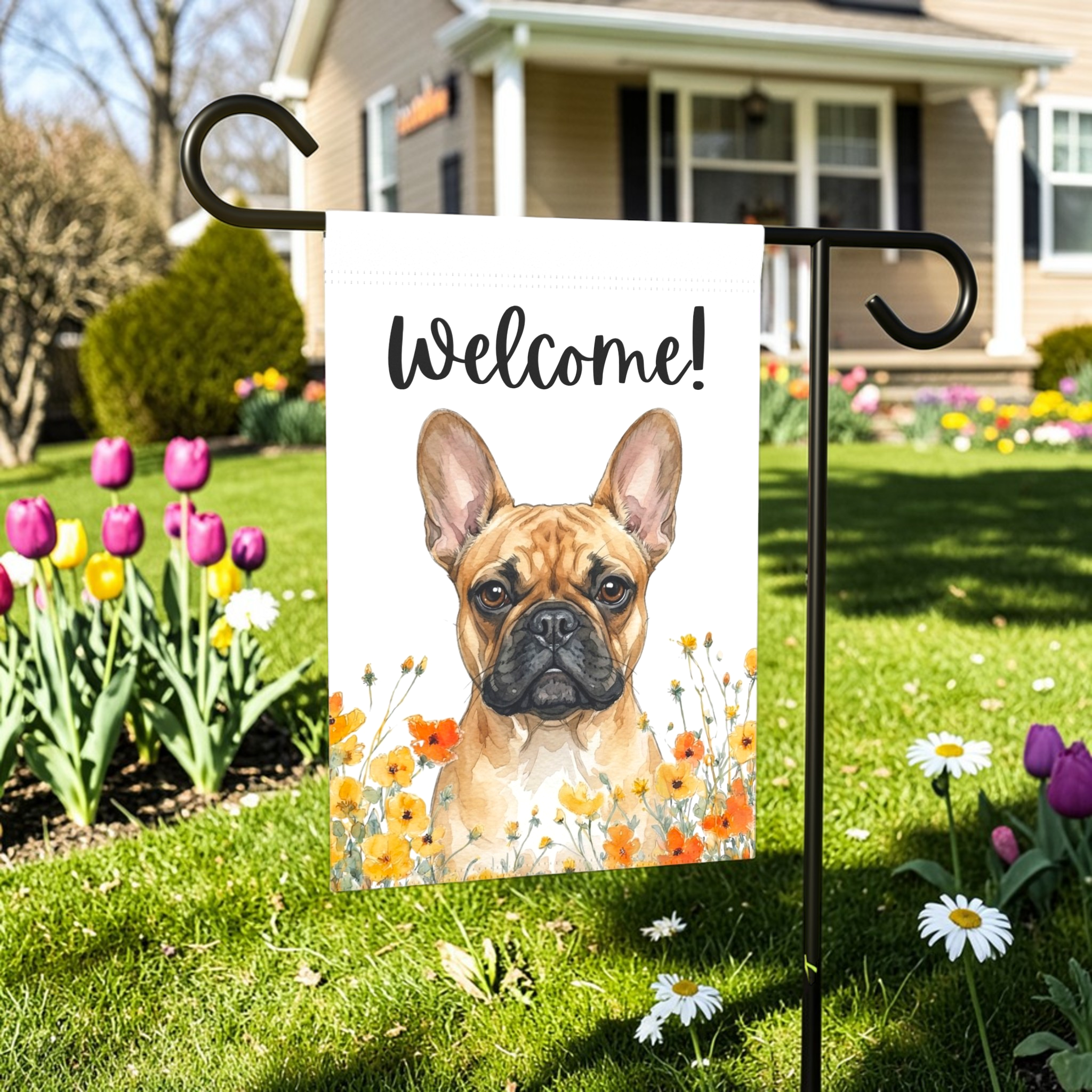 Yellow Poppies French Bulldog Welcome Garden Flag - outdoor display - Dragonfire Gardens